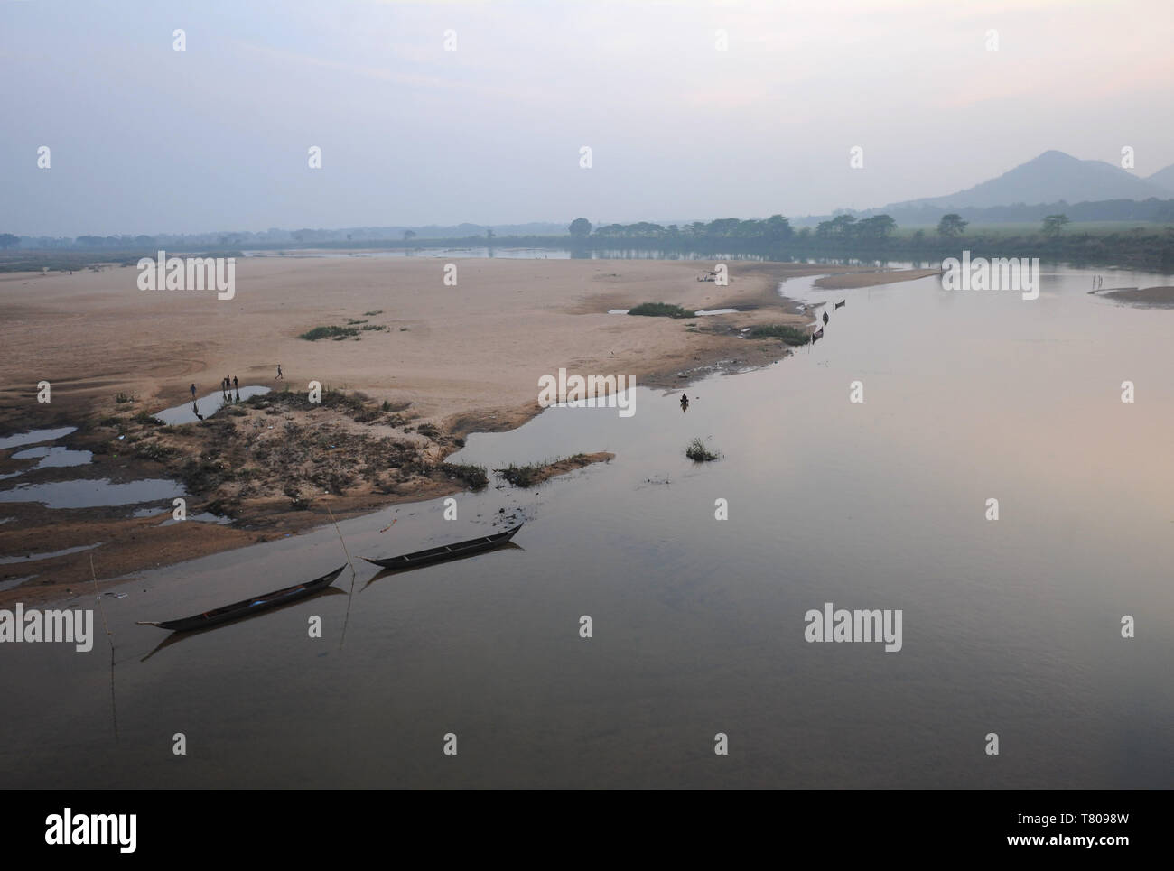 Lumière du matin sur la rivière bateaux amarrés sur les rives de la rivière Mahanadi, district de Cuttack, Odisha, Inde, Asie Banque D'Images