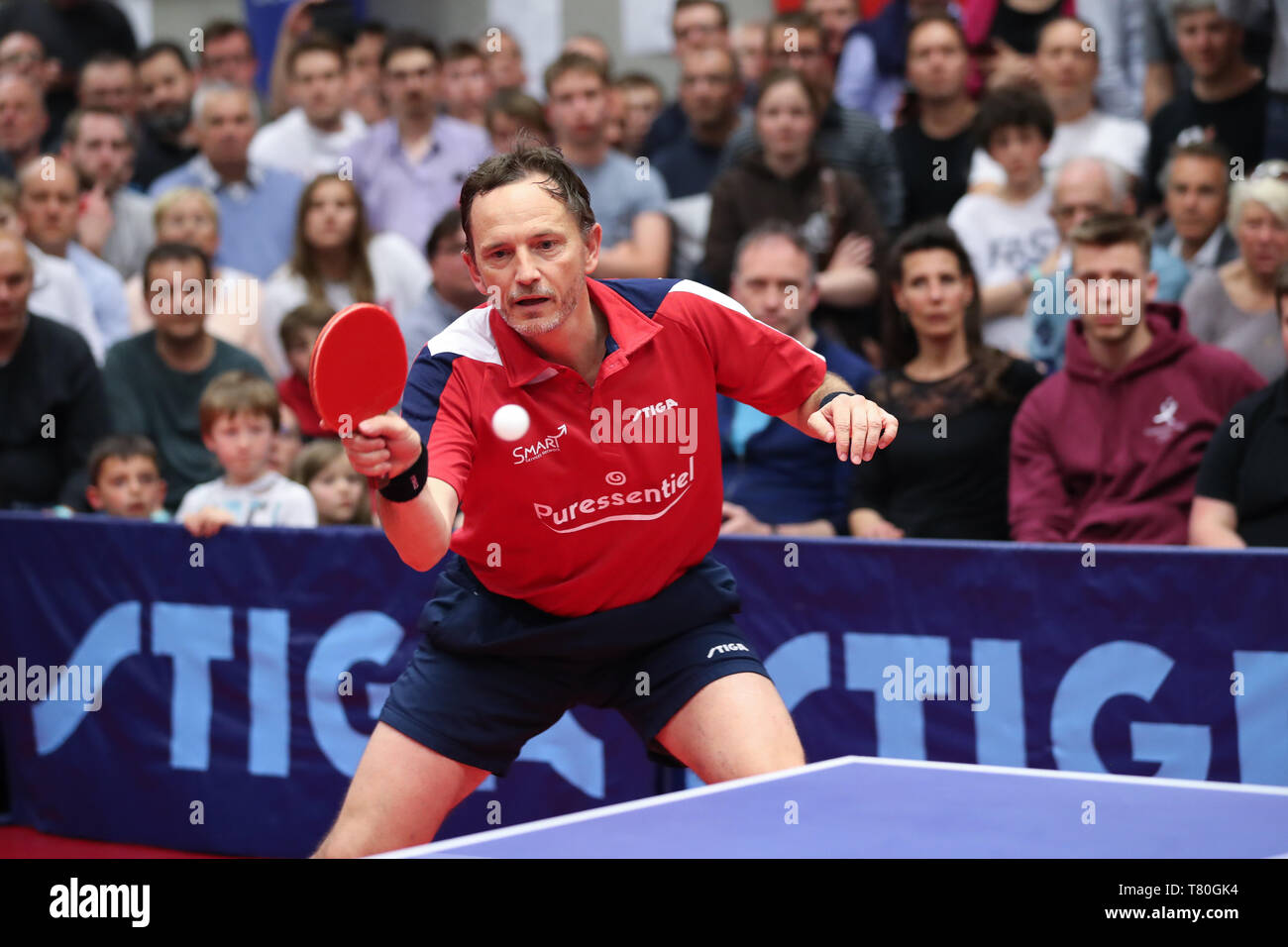 Bruxelles, Belgique. 9 mai, 2019. Jean-Michel Saive participe à son dernier  match au club local Logis Auderghem à Bruxelles, Belgique, le 9 mai 2019.  Trois ans après sa retraite de la compétition