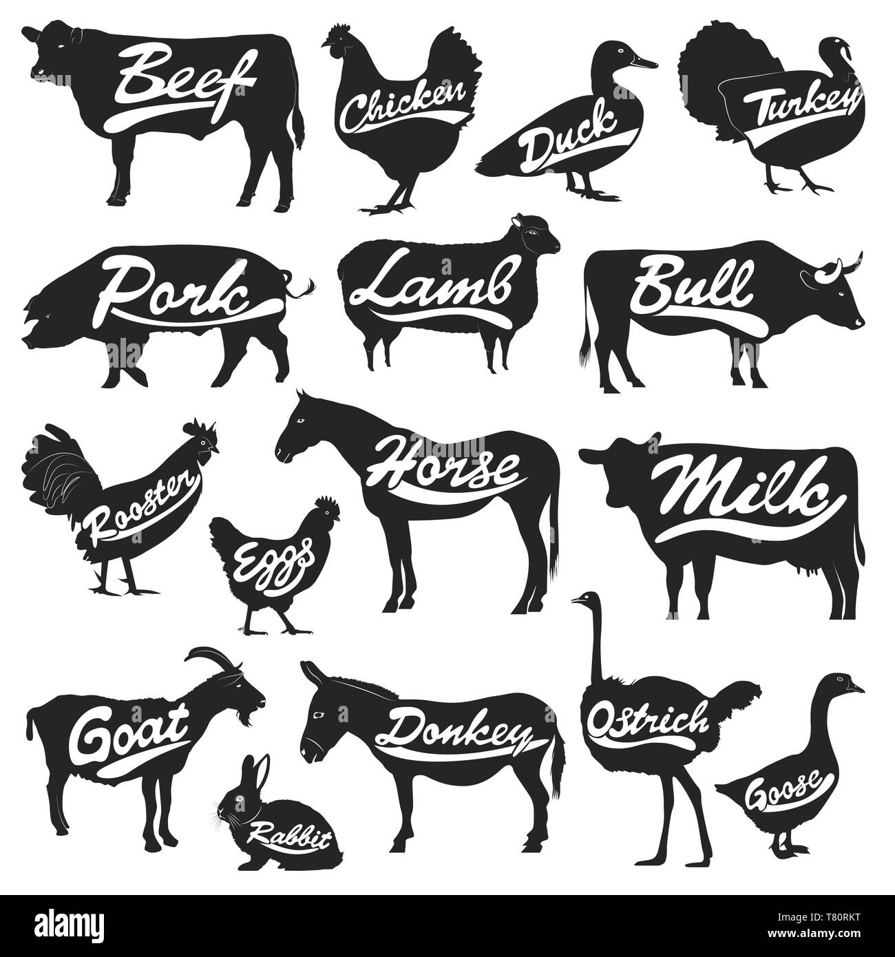 Vector set de silhouettes d'animaux de ferme isolée Illustration de Vecteur