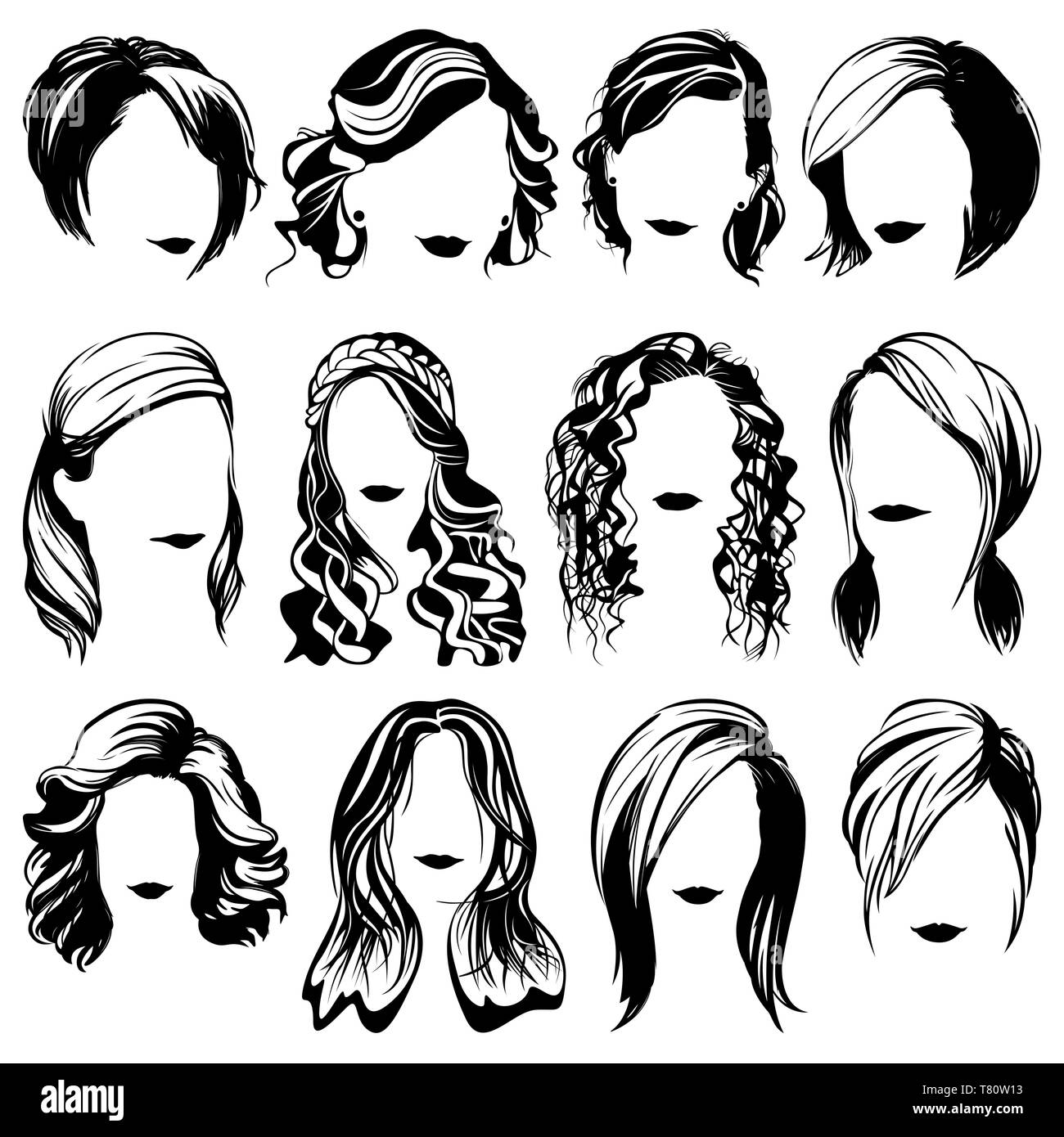 Mode féminine vector silhouettes détaillées haute coiffure Illustration de Vecteur