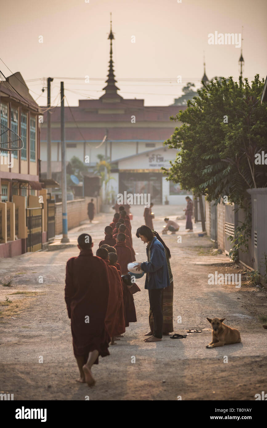 Les jeunes moines novices de recueillir des aumônes au coucher du soleil à Pindaya, Shan State, Myanmar (Birmanie) Banque D'Images