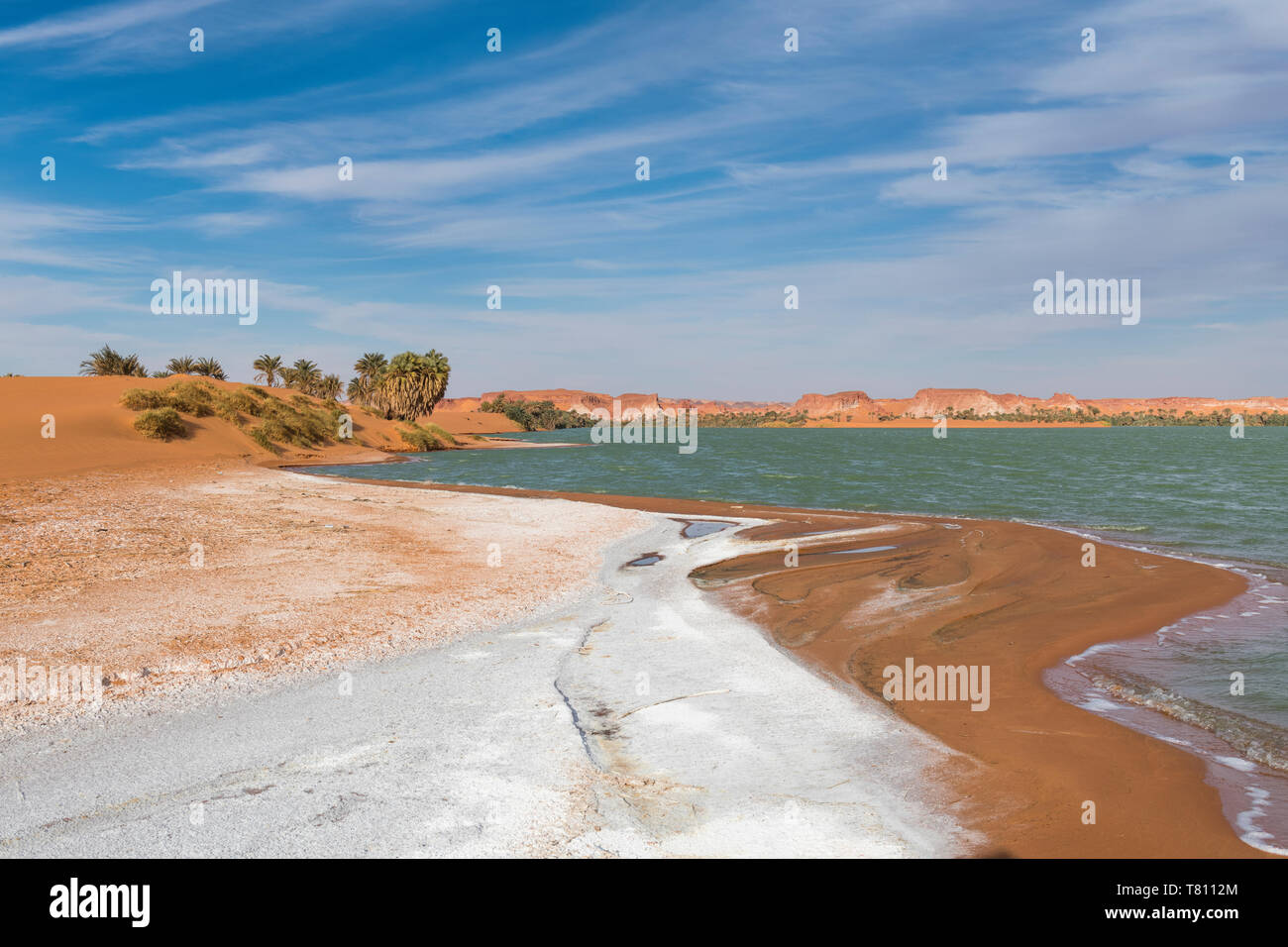 Croûte de sel sur les rives d'Ounianga Kebir partie de l'Ounianga lacs, Site du patrimoine mondial de l'UNESCO, le nord du Tchad, Afrique Banque D'Images