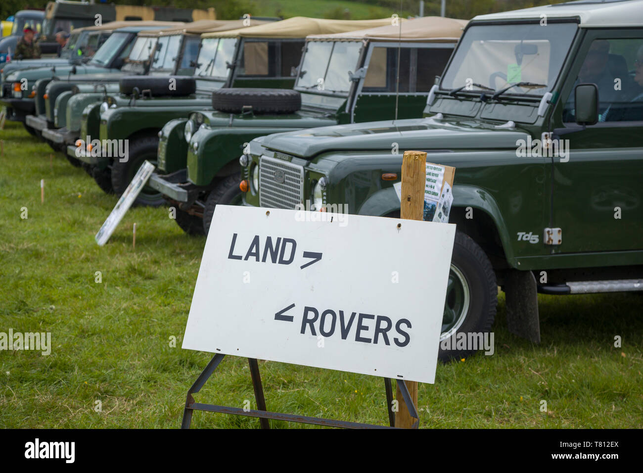 Une rangée de Land Rovers classique à un pays. Banque D'Images