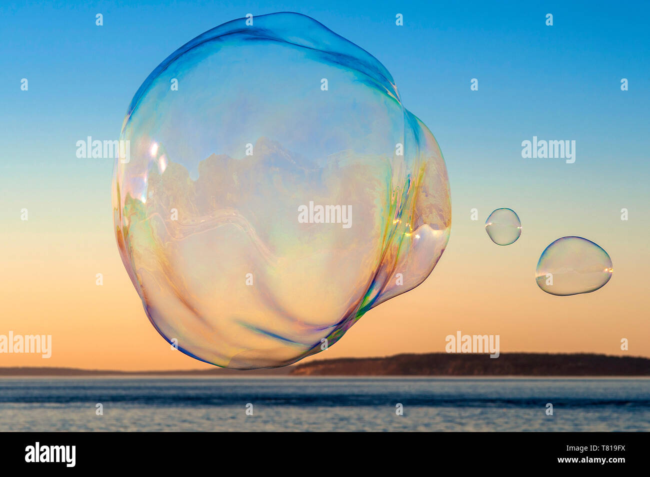 Les grandes bulles de savon flottant dans Ciel bleu vers le coucher du soleil sur le Puget Sound Banque D'Images