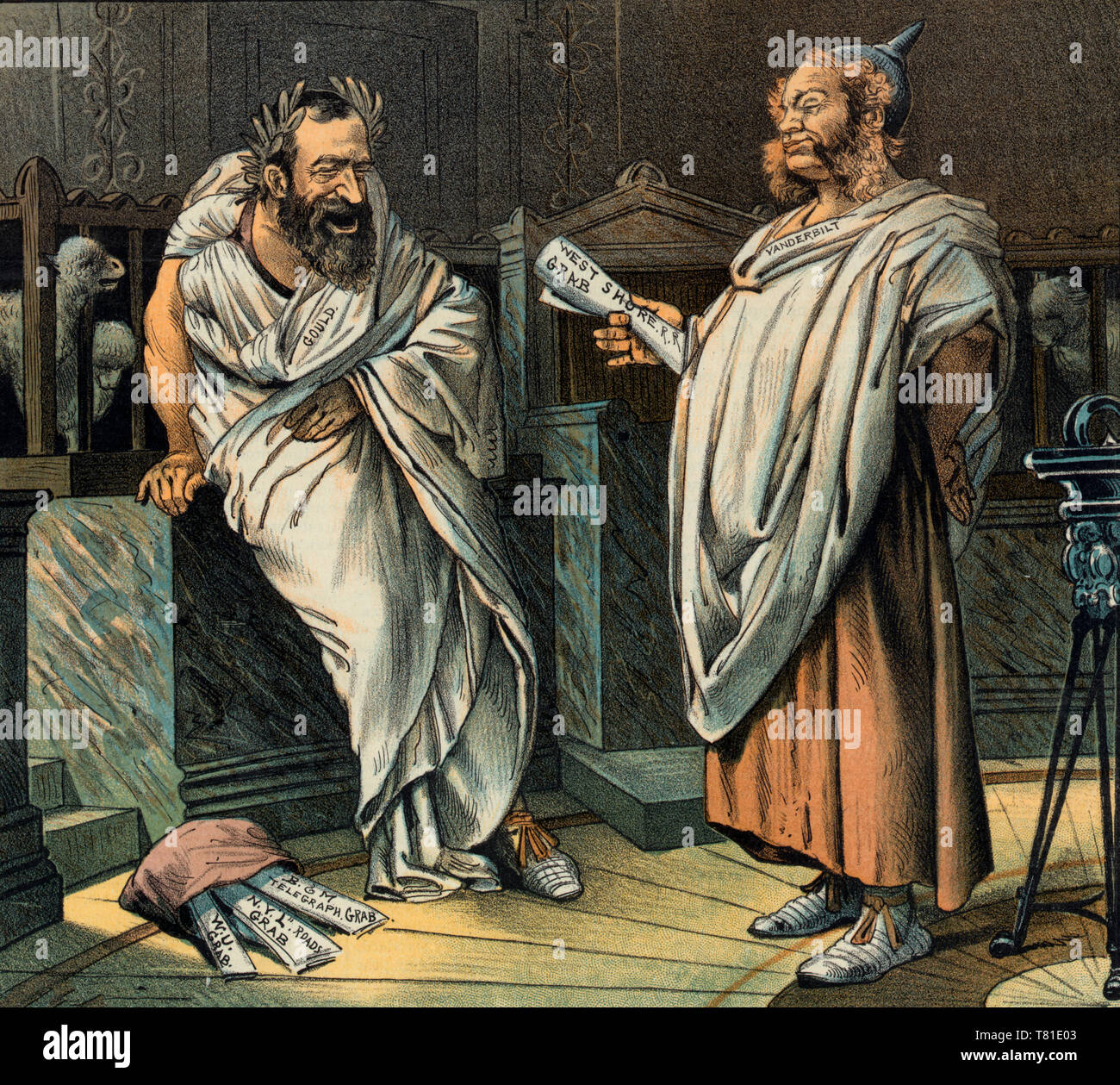 Les deux gobblers - Caricature politique montre Jay Gould et William H. Vanderbilt portant des toges romaines, riant entre eux-mêmes comme ils 'avaler' up telegraph et cies à ajouter à leurs monopoles. 1885 Banque D'Images
