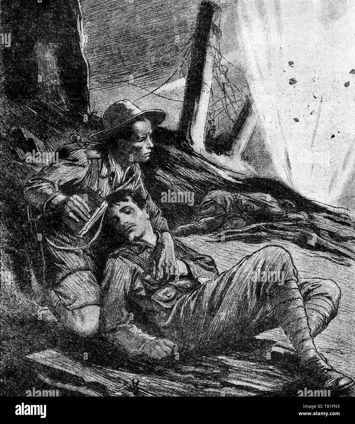 D'une demi-teinte de l'eau à donner Ghurka un soldat britannique sur le champ de bataille. À partir de 1917, magazine de Chatterbox Banque D'Images