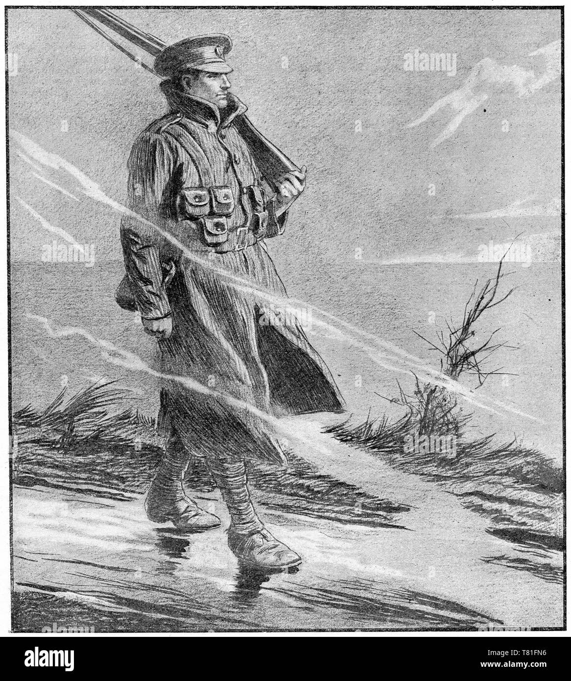 D'un demi-ton en devoir de sentinelle dans la pluie. À partir de 1917, magazine de Chatterbox Banque D'Images