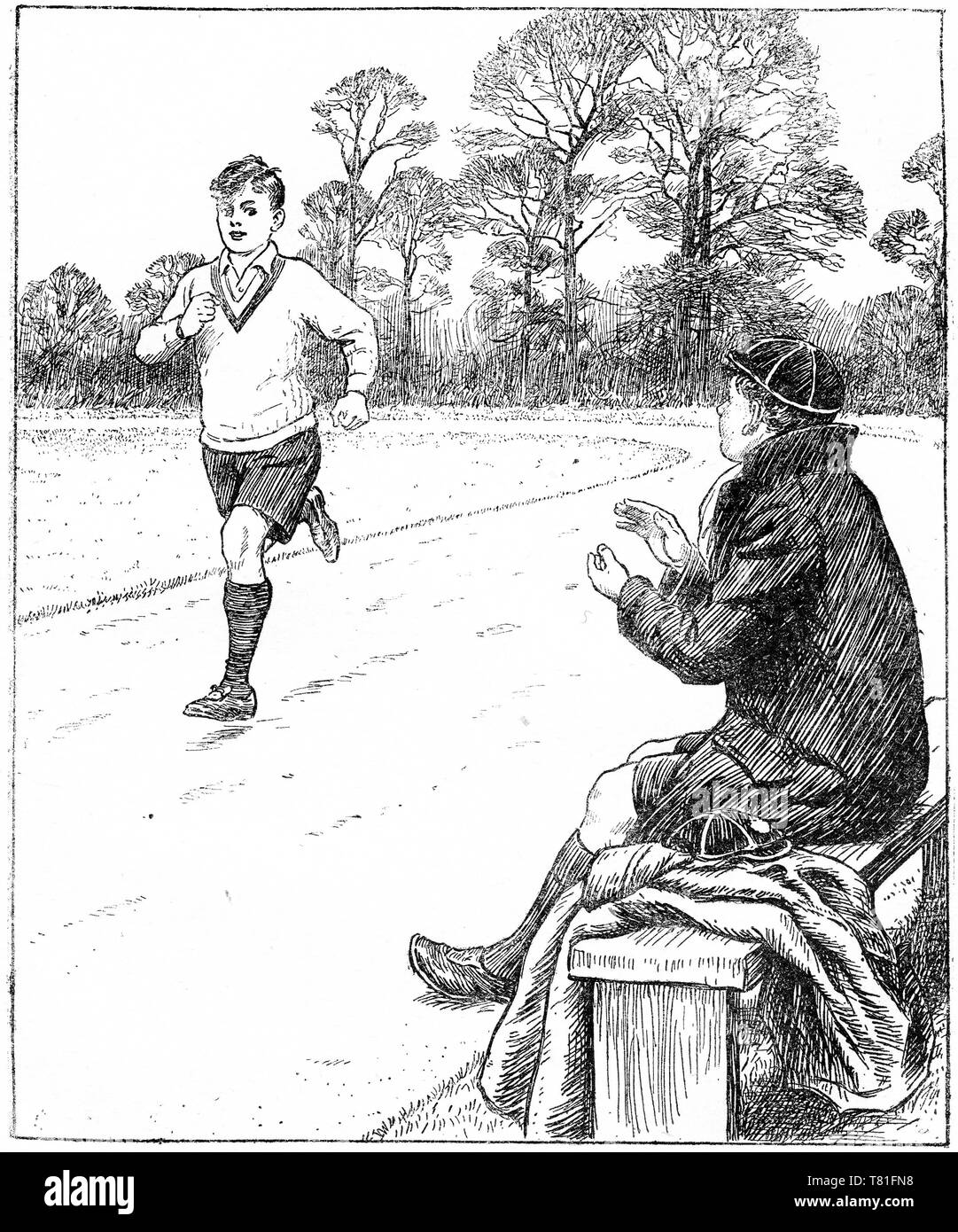 Gravure d'un garçon applaudir son ami pour un temps de pratique rapide autour de la piste de course. Chatterbox Magazine, 1917 Banque D'Images