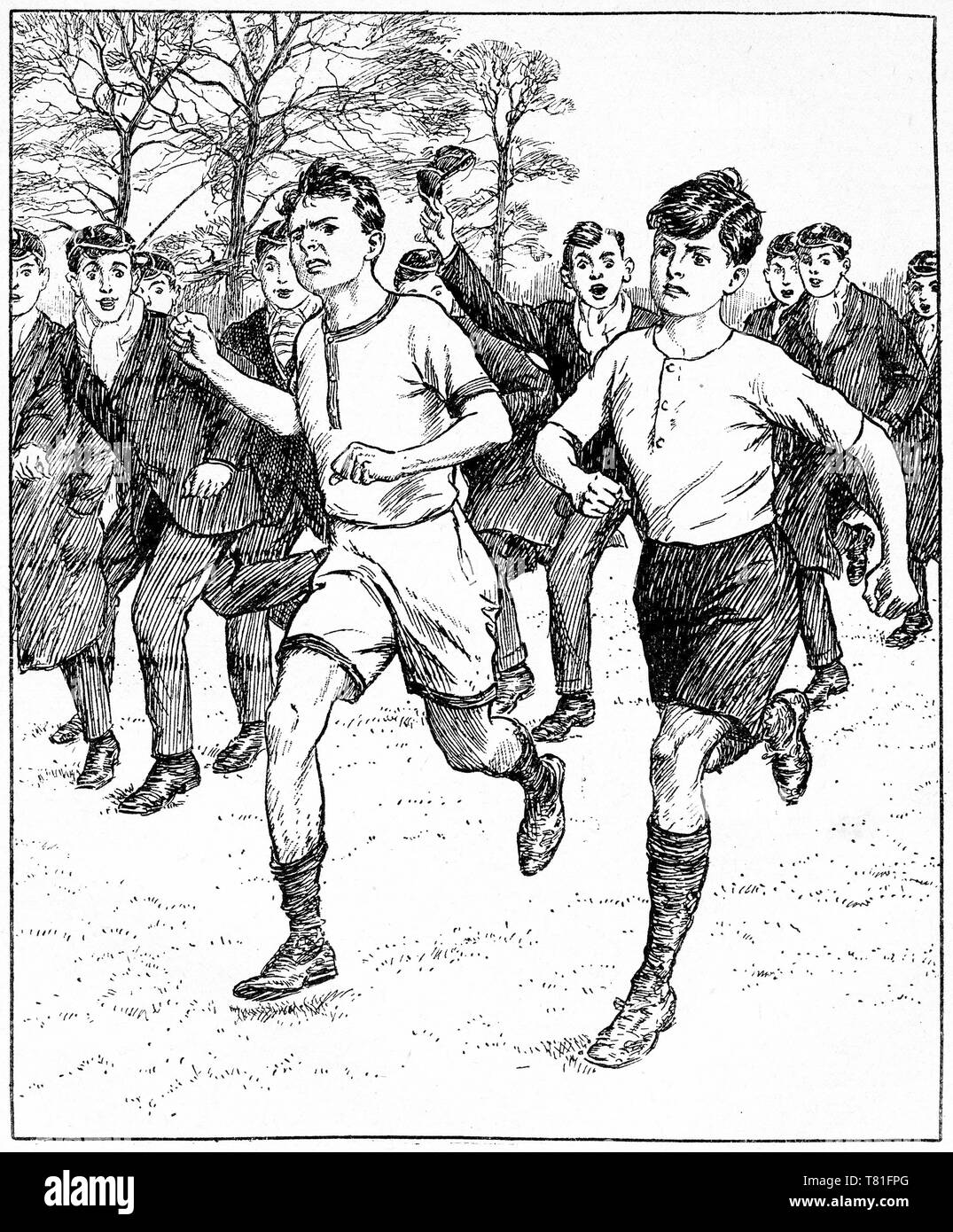 Gravure de deux garçons la finition d'une course à pied. Chatterbox Magazine, 1917 Banque D'Images
