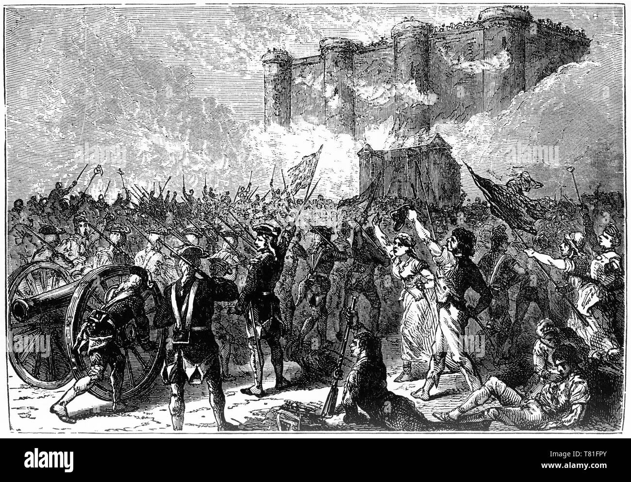 Gravure d'une foule d'assaut la prison de la Bastille à Paris dans les premières étapes de la Révolution française. Banque D'Images Gravure d'une foule d'assaut la prison de la Bastille à Paris dans les premières étapes de la Révolution française. Banque D'Images