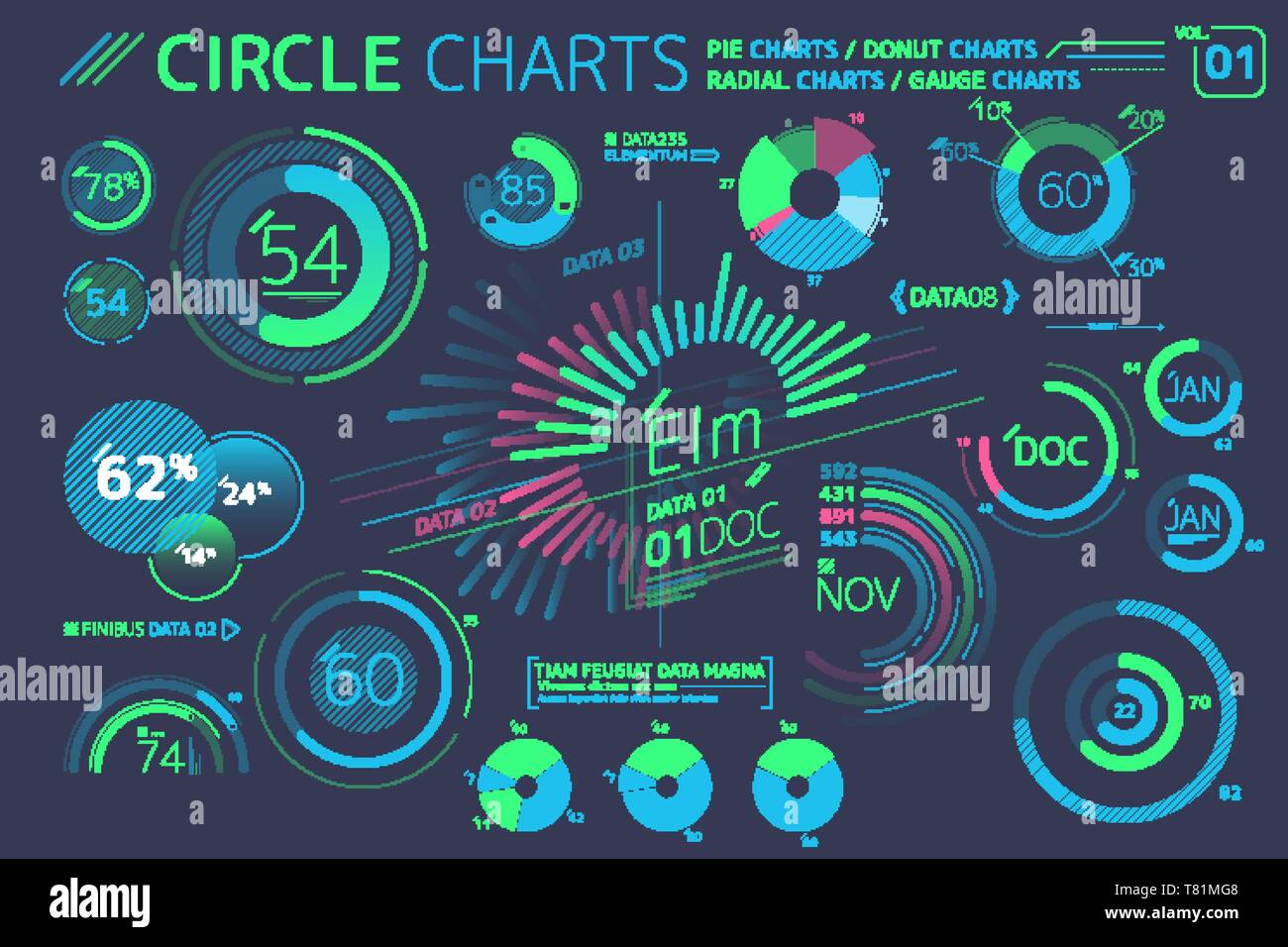 Les graphiques, les diagrammes à secteurs de cercle, graphiques et diagrammes de jauge radiale Éléments infographique Illustration de Vecteur