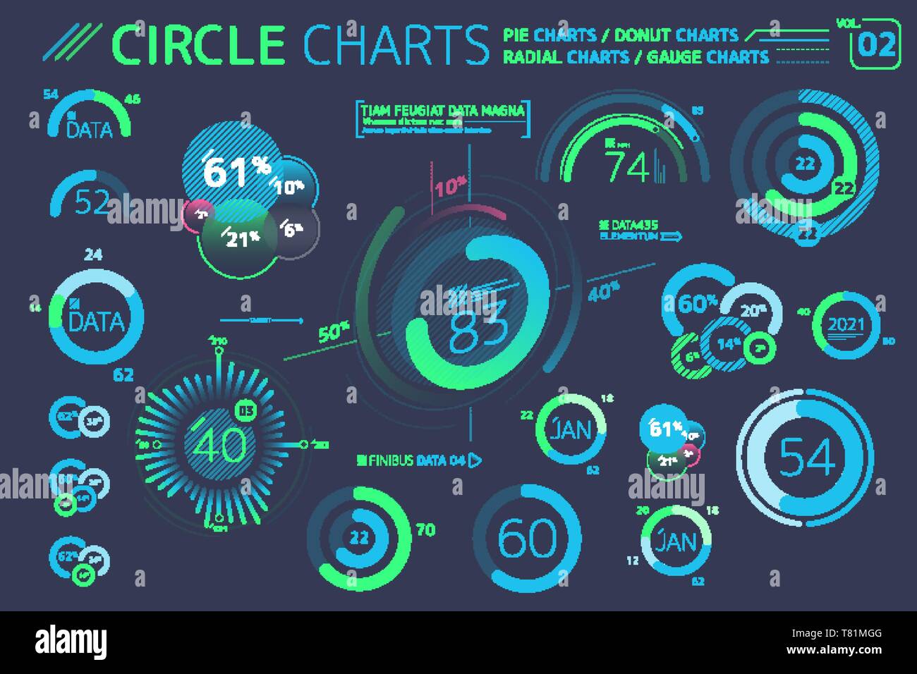 Les graphiques, les diagrammes à secteurs de cercle, Tableaux et Graphiques Radial Donut Éléments infographique Illustration de Vecteur