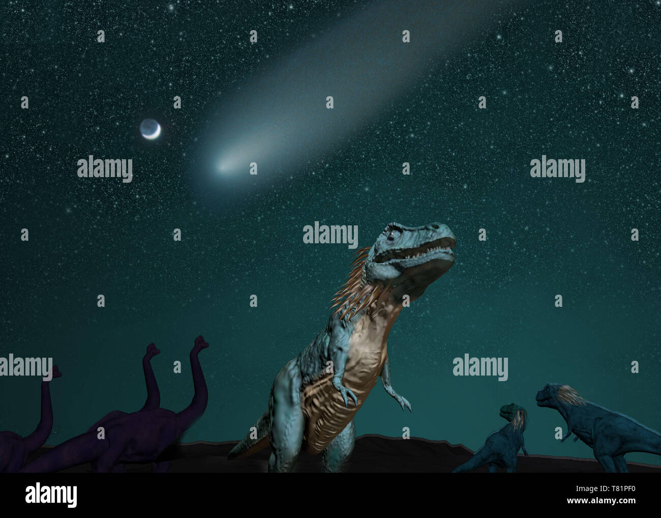 L'astéroïde et les Dinosaures, illustration Banque D'Images