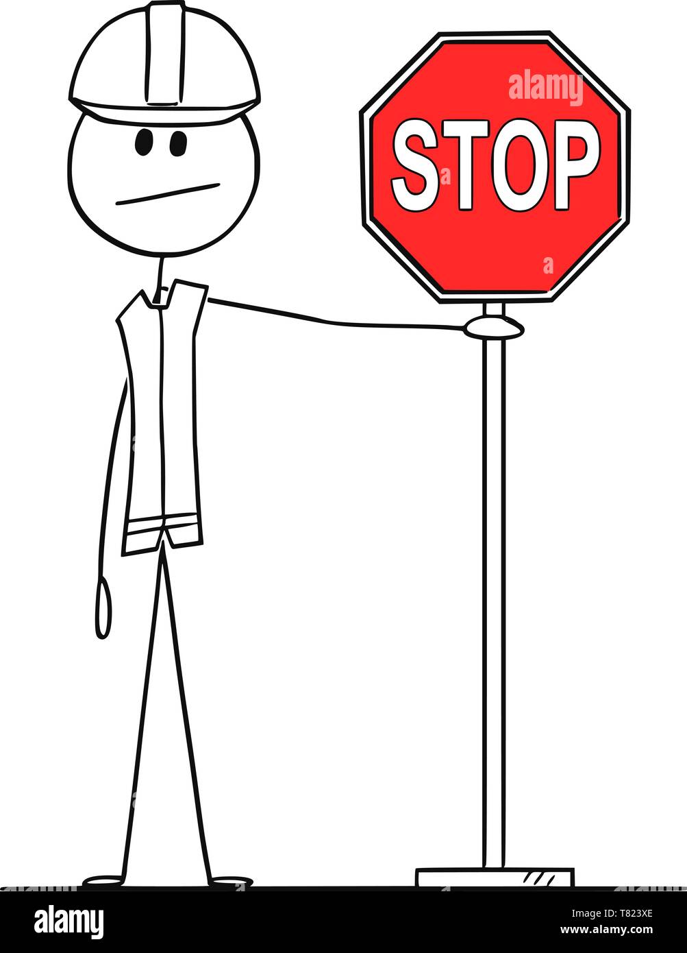 Vector cartoon stick figure dessin illustration conceptuelle de construction worker with hard hat holding red arrêter le trafic ou de signalisation. Illustration de Vecteur
