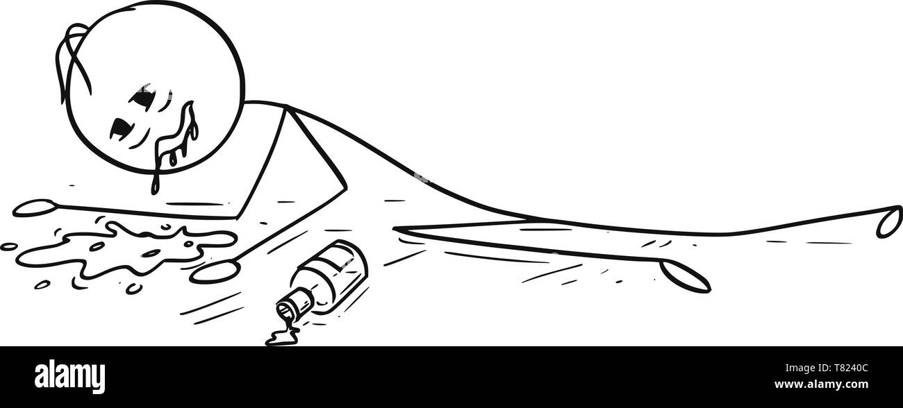 Cartoon stick figure dessin illustration conceptuelle de ivre ou homme ivre allongé sur le sol et vomir, vomir ou vomir. Illustration de Vecteur