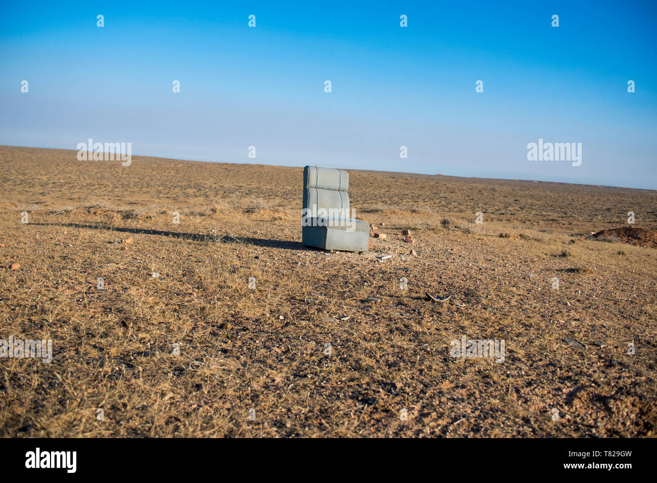 Canapé miteux dans le pré à l'hiver des pâturages. Banque D'Images