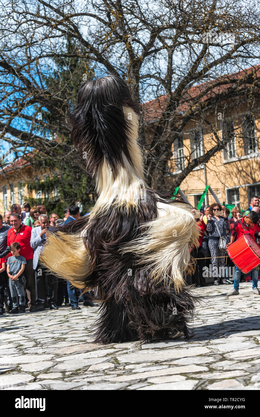 Eleshnitsa, Bulgarie - 28 Avril 2019 : Moment de Festival National à Pâques, présente les traditions des Jeux Kouker bulgare. Banque D'Images