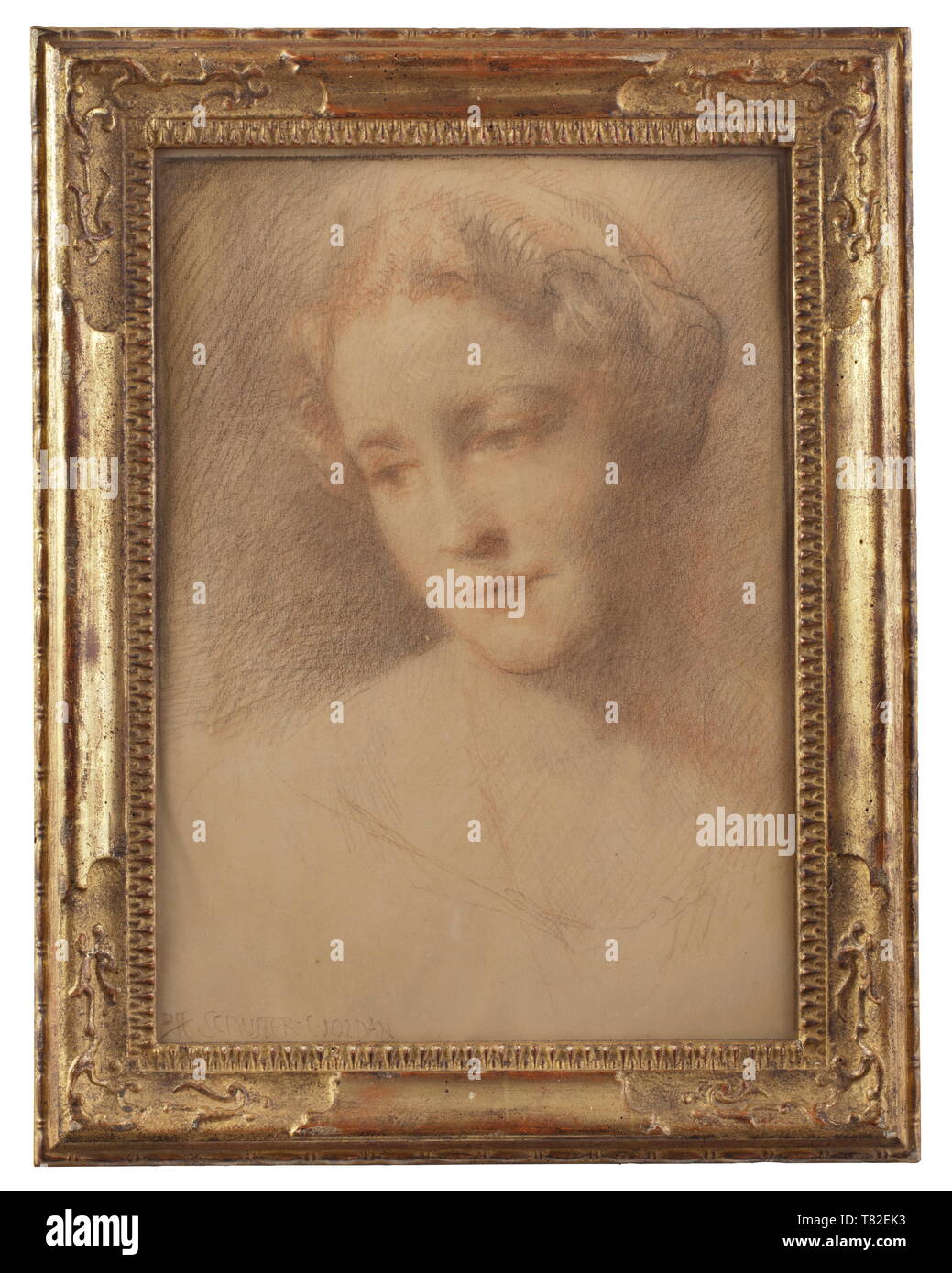 Raffael Schuster-Woldan (1870 - 1951) - portrait d'un Emmy Göring craie rouge et noir sur papier, signé en bas à gauche 'RFF. Schuster-Woldan'. Idéalement image peinte, la tête de Mme Göring était tourné vers la gauche. Dans le cadre d'or texturé contemporain, l'arrière est inscrit le nombre '15792/6'. Avec châssis de taille 53,3 x 41,3 cm. Raffael Schuster-Woldan, né à Striegau (Silésie) en 1870, a étudié à Munich et Francfort, est co-fondateur de la Sécession de Munich en 1893, professeur à l'Académie prussienne des beaux-arts de Berlin de 1911 - 1920, peint le Editorial-Use m, seule Banque D'Images