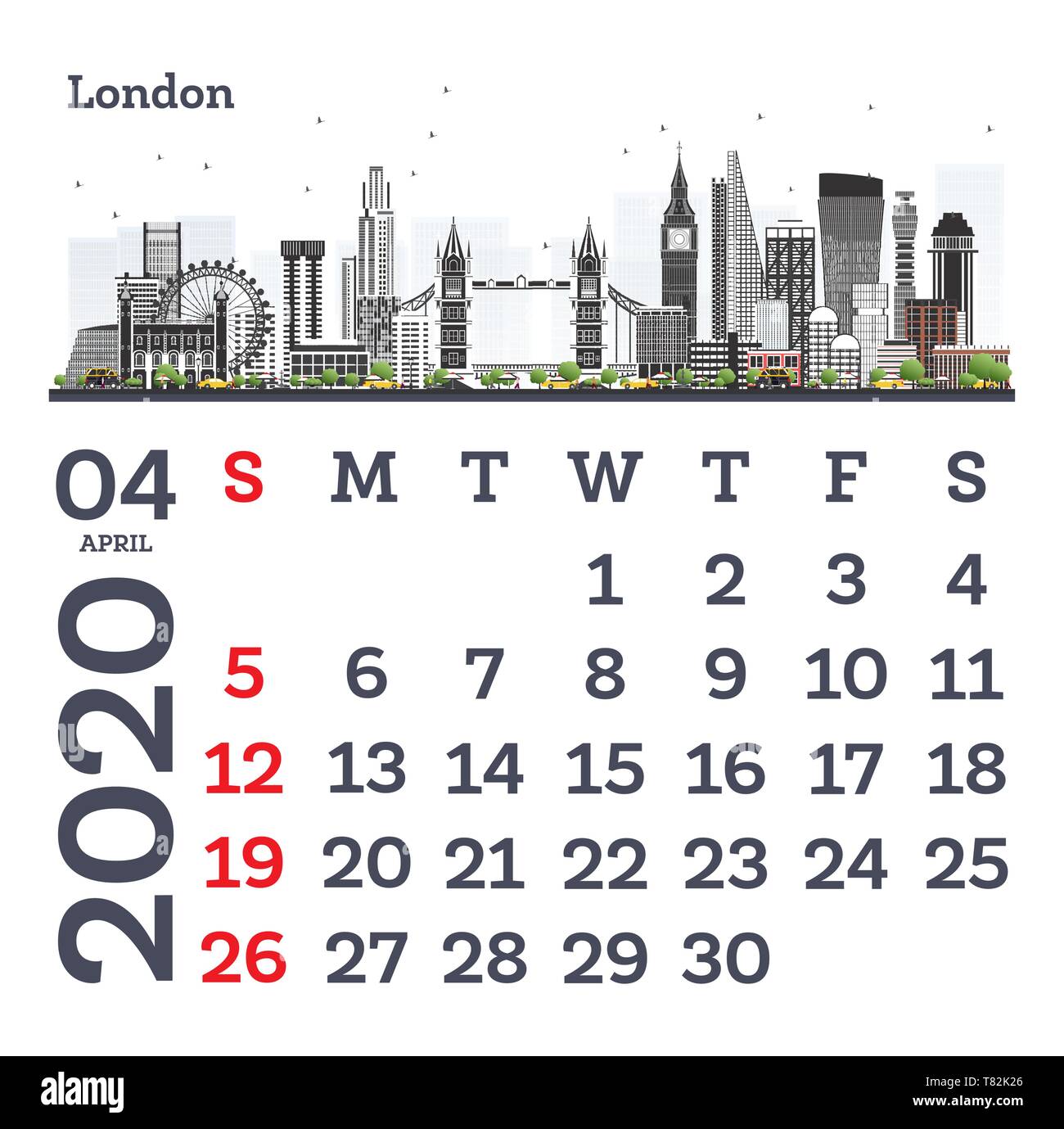 Avril 2020 Modèle de calendrier avec les toits de la ville de Londres. Vector Illustration. Modèle pour imprimer. De début de la semaine à partir de dimanche. Illustration de Vecteur