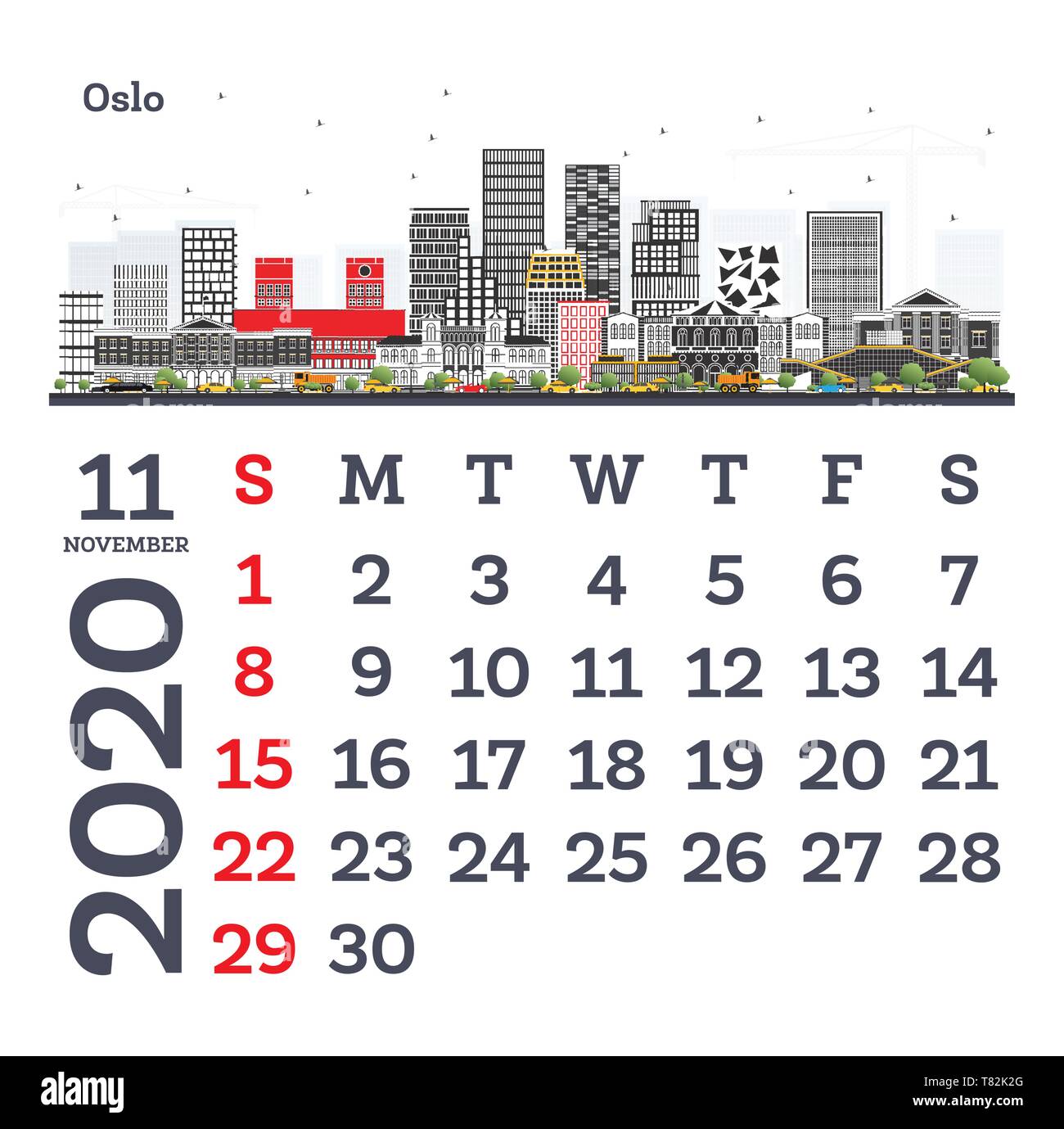 Novembre 2020 Modèle de calendrier avec les toits de la ville d'Oslo. Vector Illustration. Modèle pour imprimer. De début de la semaine à partir de dimanche. Illustration de Vecteur Novembre 2020 Modèle de calendrier avec les toits de la ville d'Oslo. Vector Illustration. Modèle pour imprimer. De début de la semaine à partir de dimanche. Illustration de Vecteur