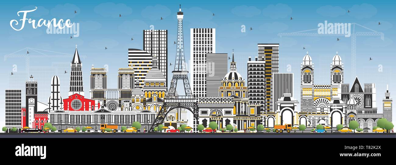 Bienvenue en France avec des toits de bâtiments gris et bleu ciel. Vector Illustration. Concept du tourisme avec l'architecture historique. France paysage urbain. Illustration de Vecteur