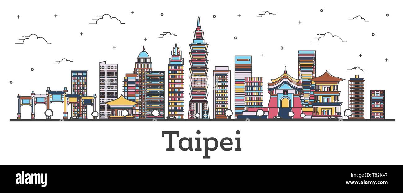 Contours Taipei Taiwan City Skyline avec bâtiments couleur isolé sur blanc. Vector Illustration. La ville de Taipei avec repères. Illustration de Vecteur