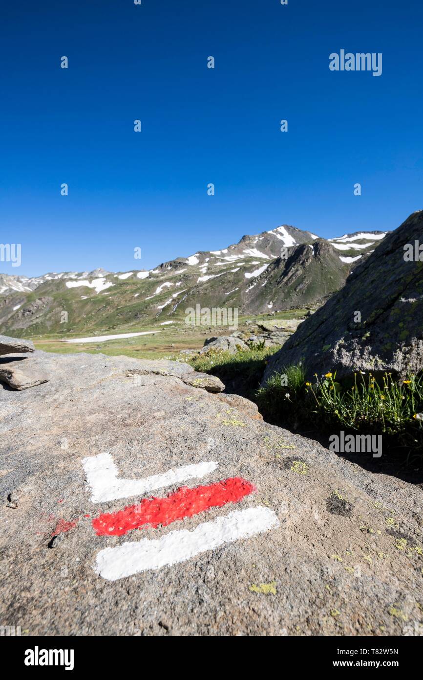 France, Hautes Alpes, vallée de la Clarée, Nevache, marquage peint sur un rocher indiquant un changement de direction sur le sentier de randonnée GR57 Banque D'Images