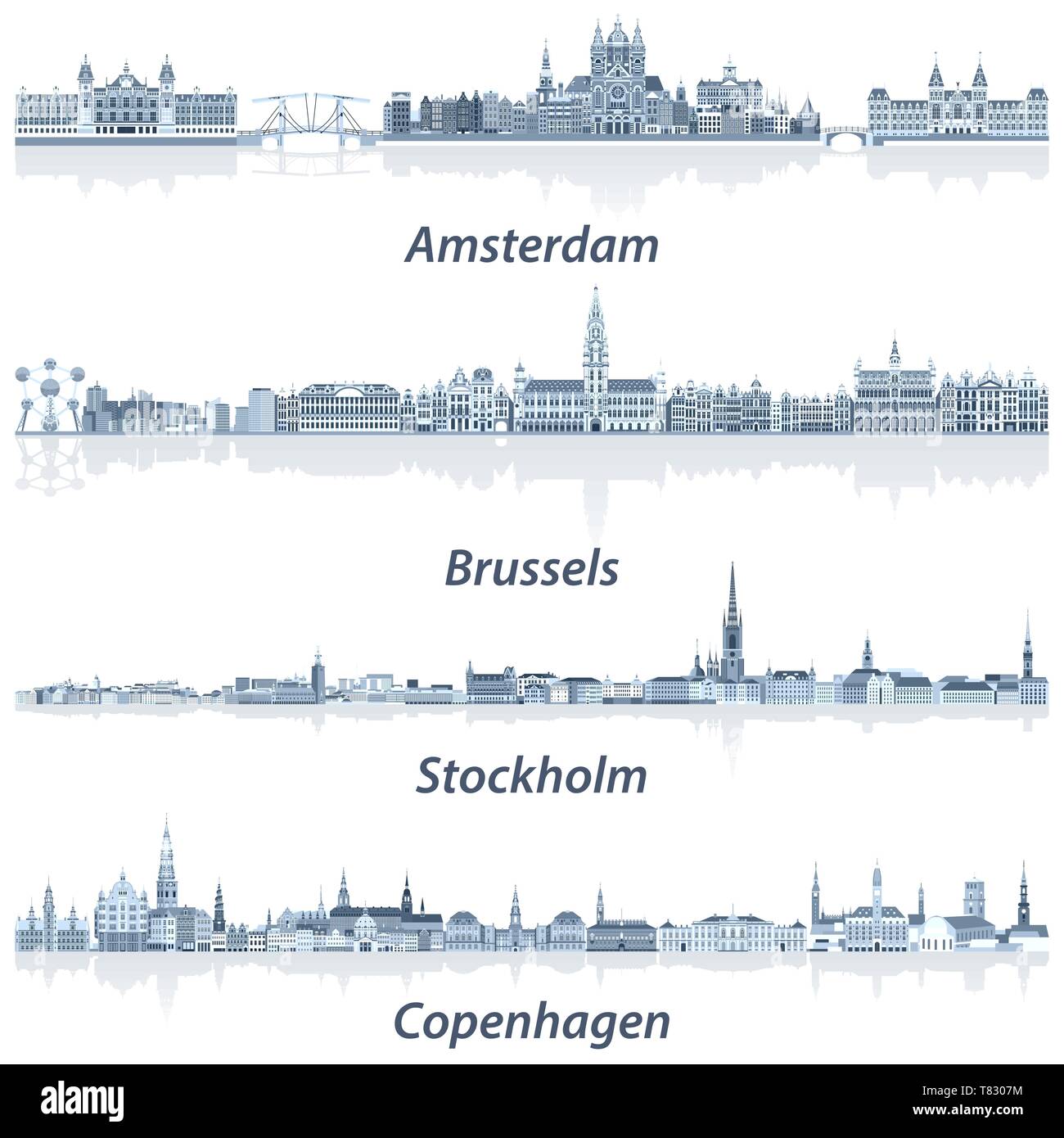 L'horizon de villes vecteur d'Amsterdam, Bruxelles, Stockholm et Copenhague Illustration de Vecteur