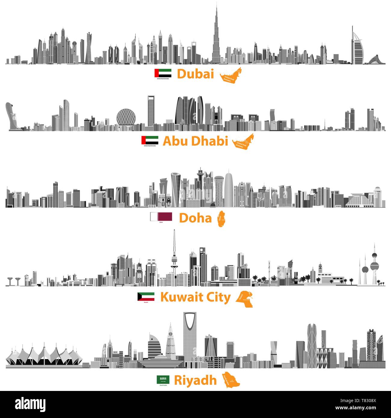Illustrations vectorielles de Dubaï, Abu Dhabi, à Doha et à Koweït City skylines Illustration de Vecteur