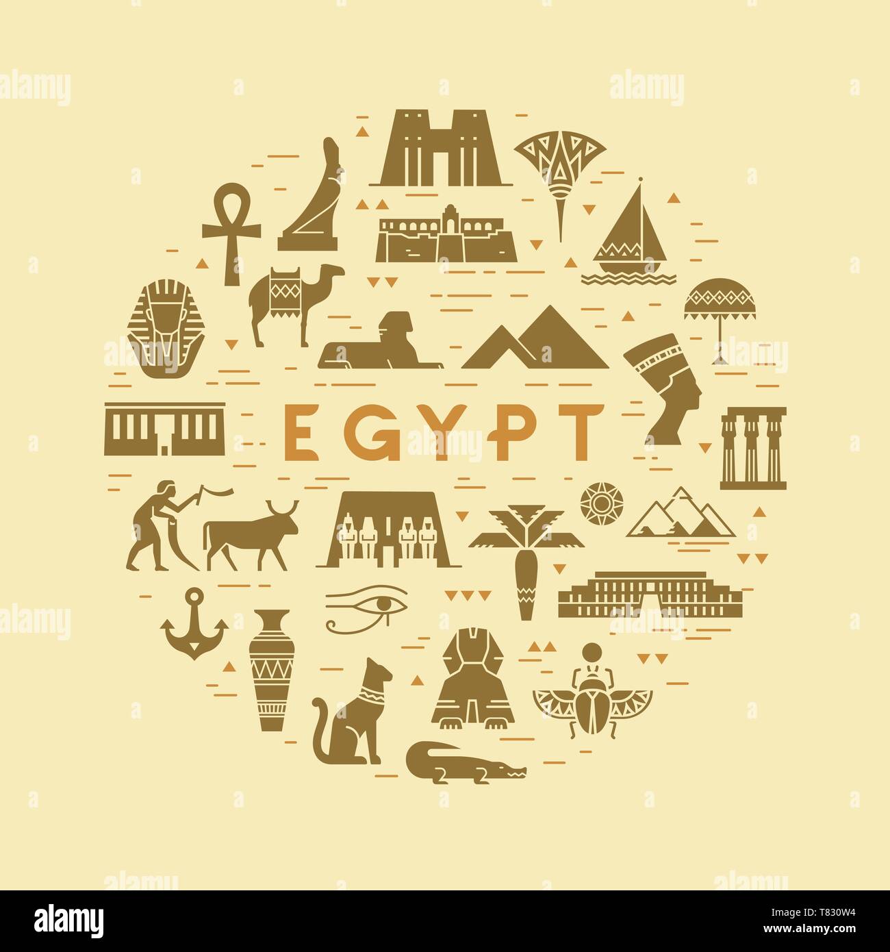 Circulaire d'icônes vectorielles concept sur le thème de sites et symboles de l'Egypte avec l'espace pour le texte. Toutes les icônes sont isolées sur l'arrière-plan et appelée w Illustration de Vecteur