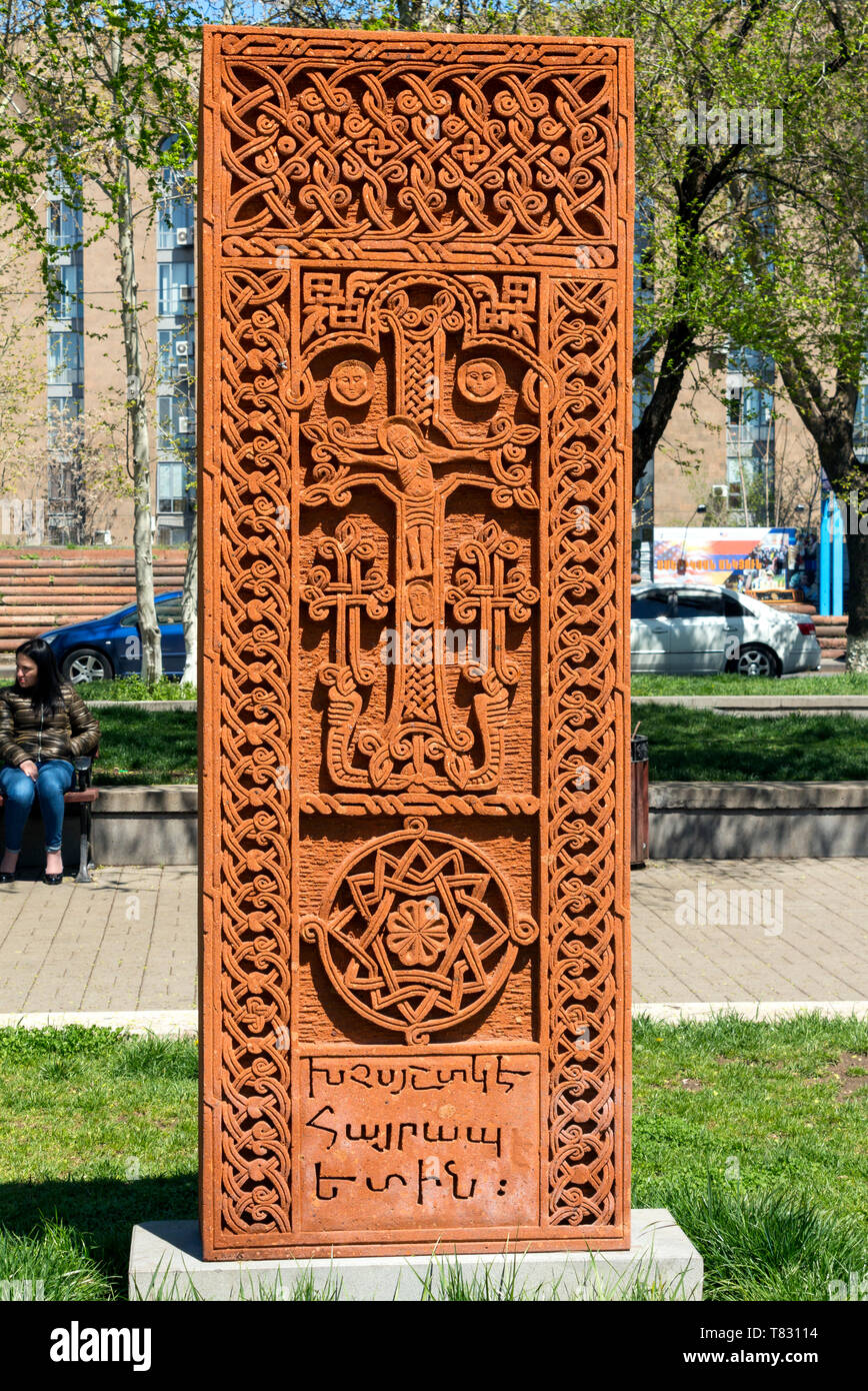 Khatchkar rouge close up Banque D'Images