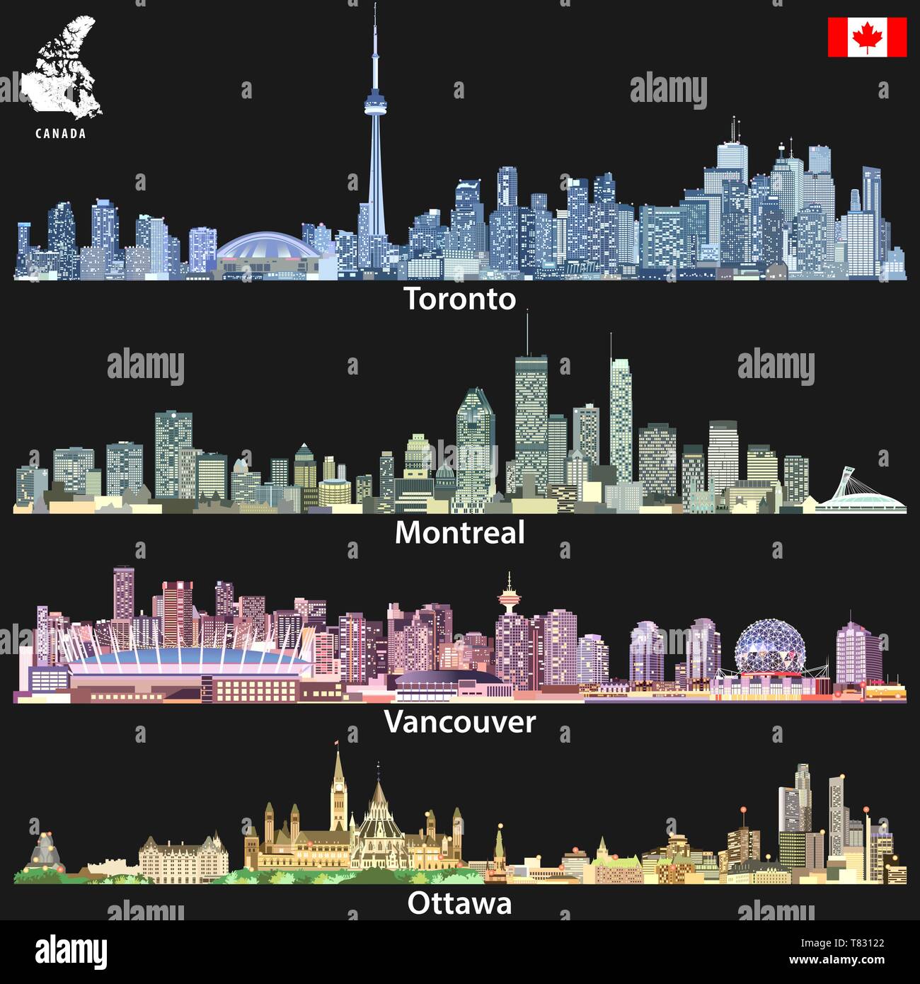 Illustrations vectorielles de villes canadiennes, Toronto, Montréal, Vancouver et Ottawa skylines Illustration de Vecteur