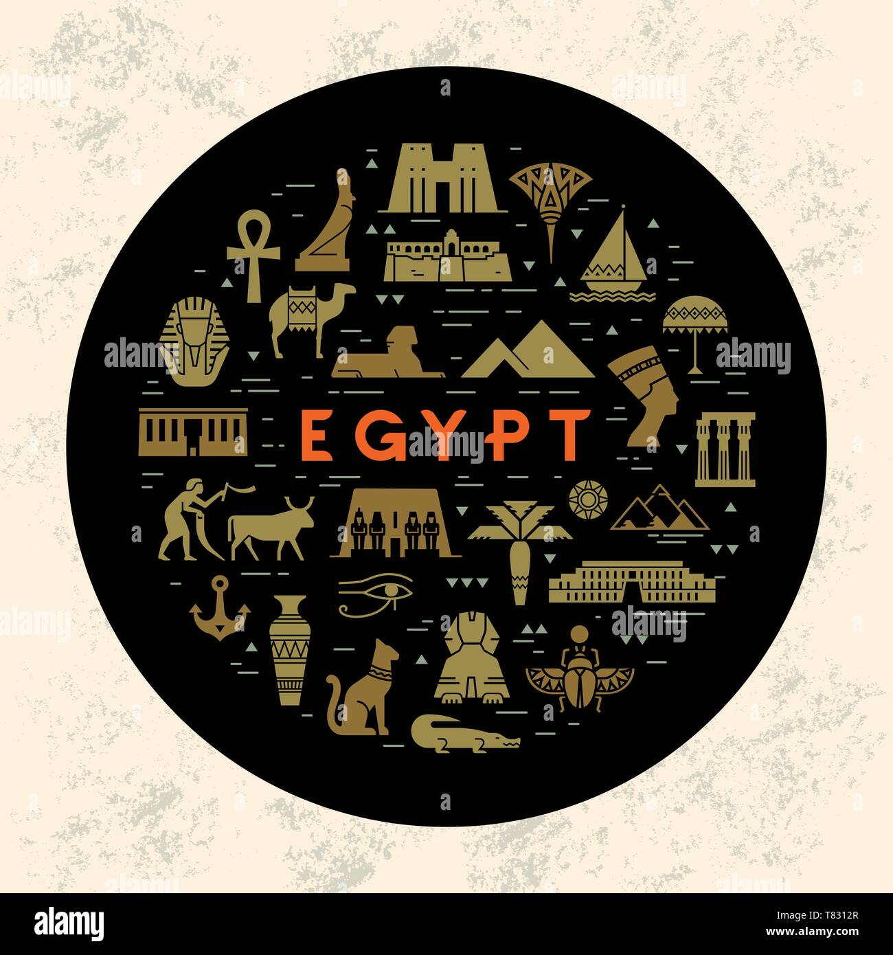 Un modèle de concept design ronde remplie d'icônes sur les sites et les symboles de l'Égypte. Repères et symboles de l'Égypte dans un style plat isolé sur un noir b Illustration de Vecteur