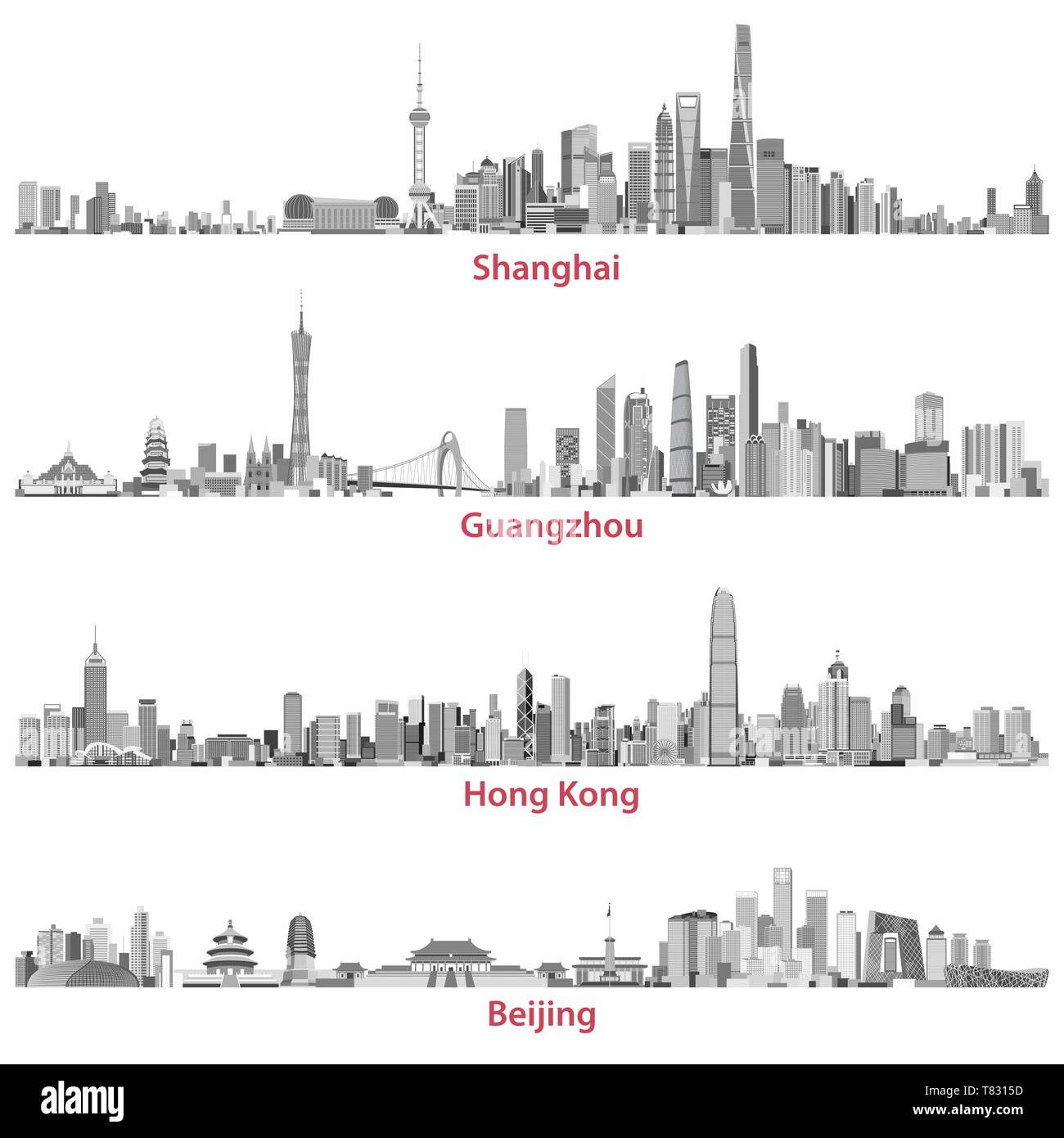 Illustrations vectorielles de Shanghai, Hong Kong, Guangzhou et Beijing skylines Illustration de Vecteur