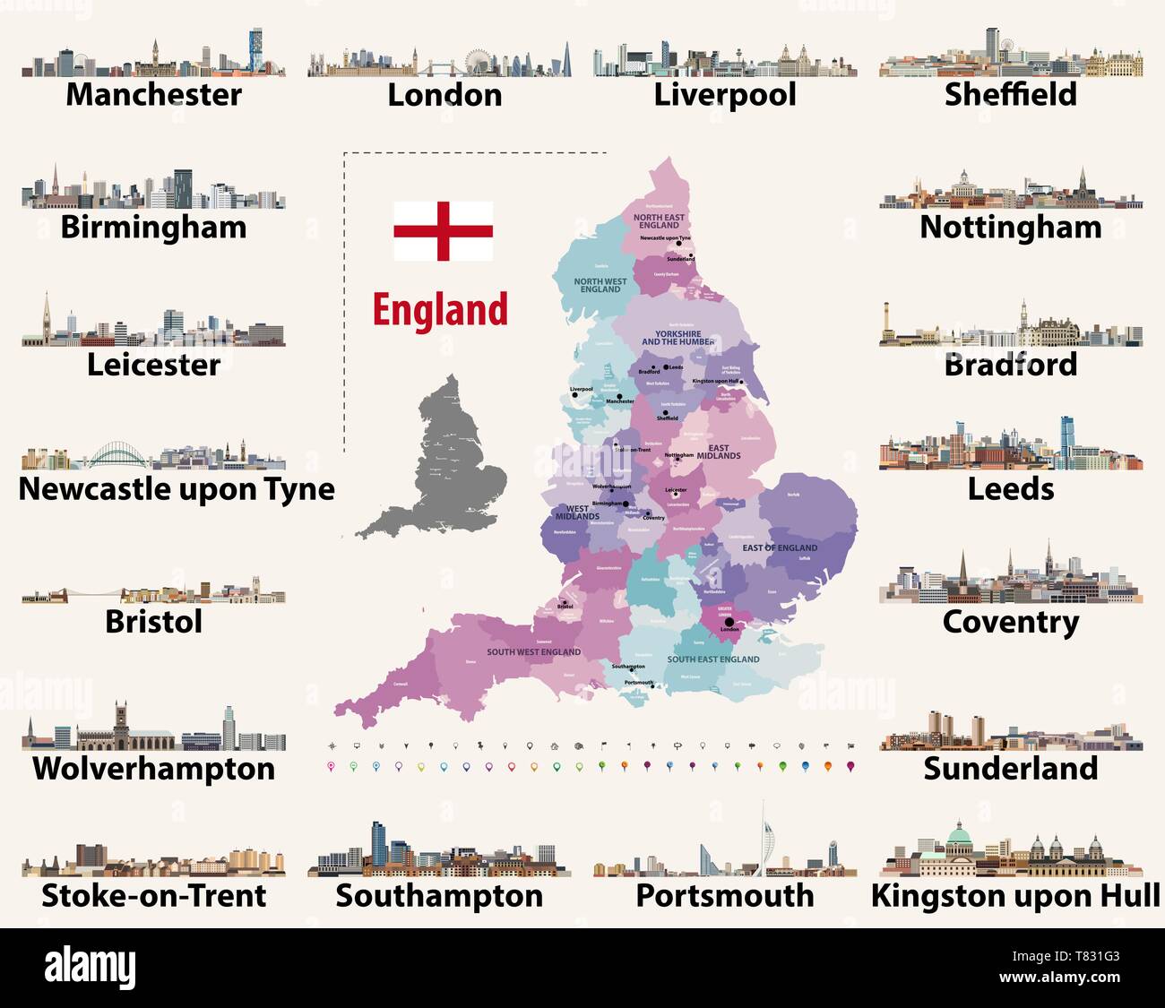 Vector set d'Angleterre plus grandes villes horizons. La carte et drapeau de l'Angleterre Illustration de Vecteur