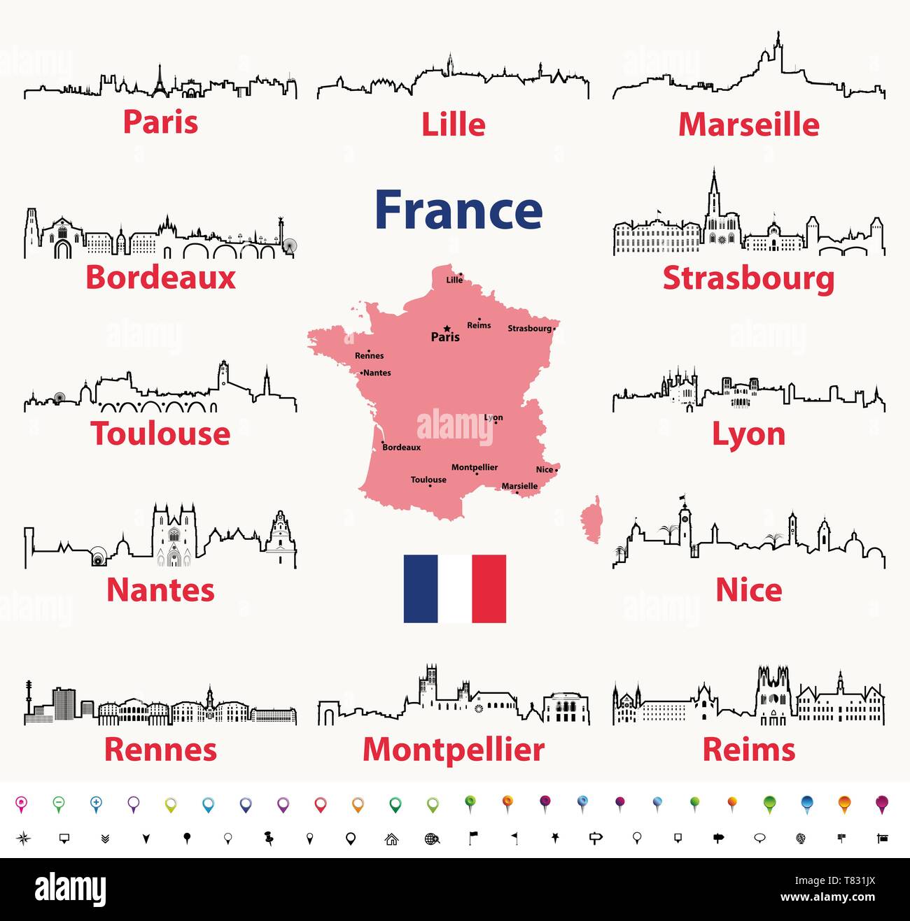 Carte de France avec les plus grandes villes skylines silhouettes vector set Illustration de Vecteur