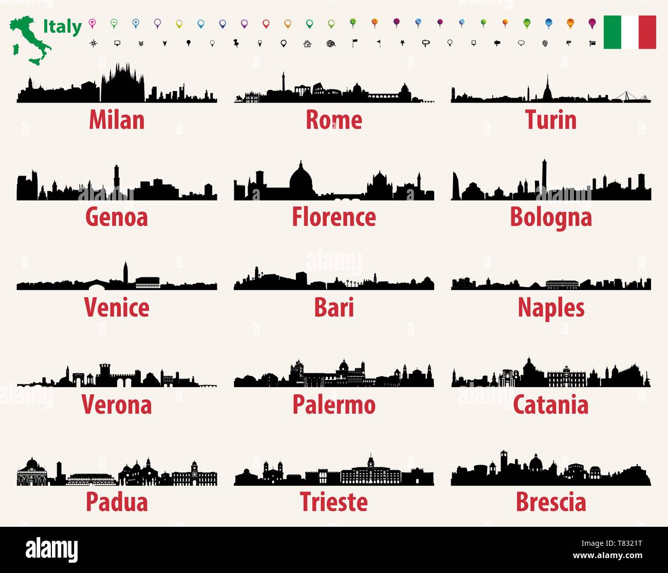 Italie villes vector silhouettes skylines Illustration de Vecteur