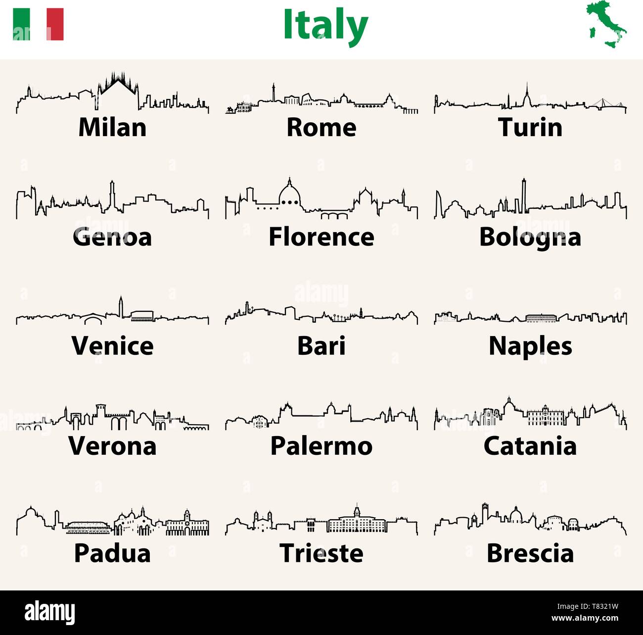 Contour vectoriel icones de villes italiennes skylines Illustration de Vecteur