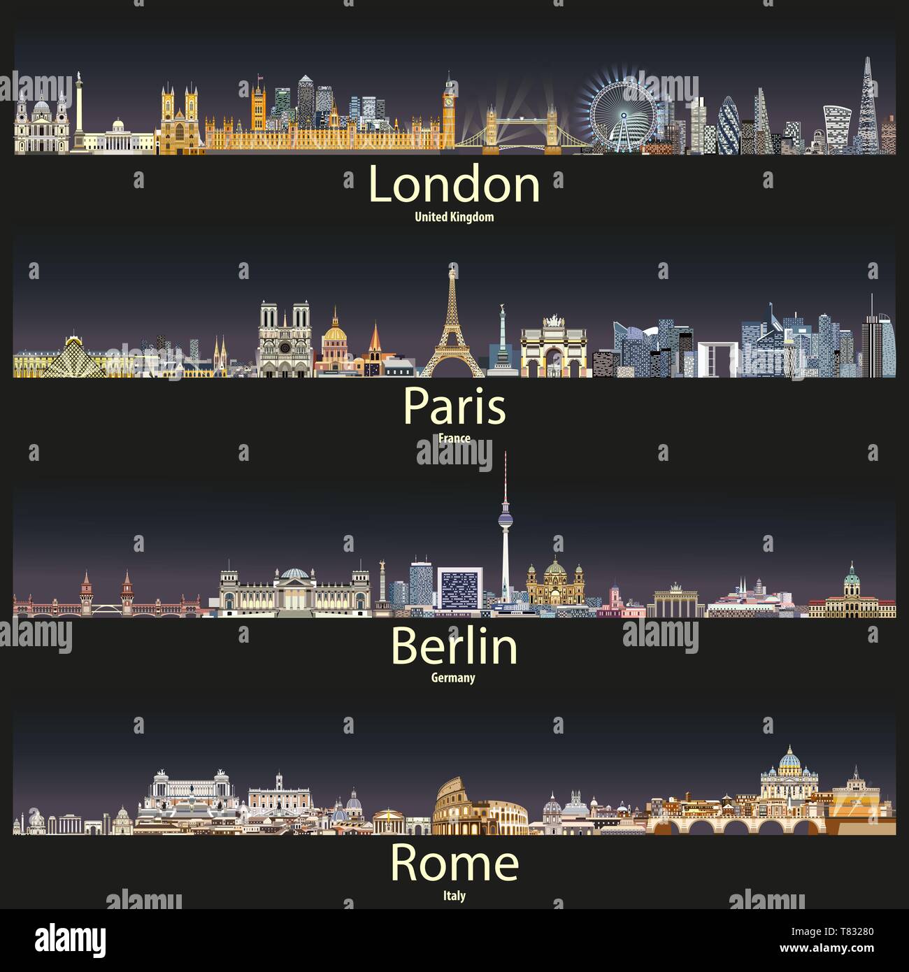 L'horizon de vecteur de Londres, Paris, Berlin et Rome Illustration de Vecteur