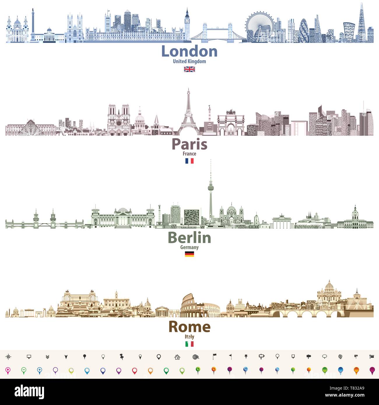 L'horizon de vecteur de Londres, Paris, Berlin et Rome Illustration de Vecteur