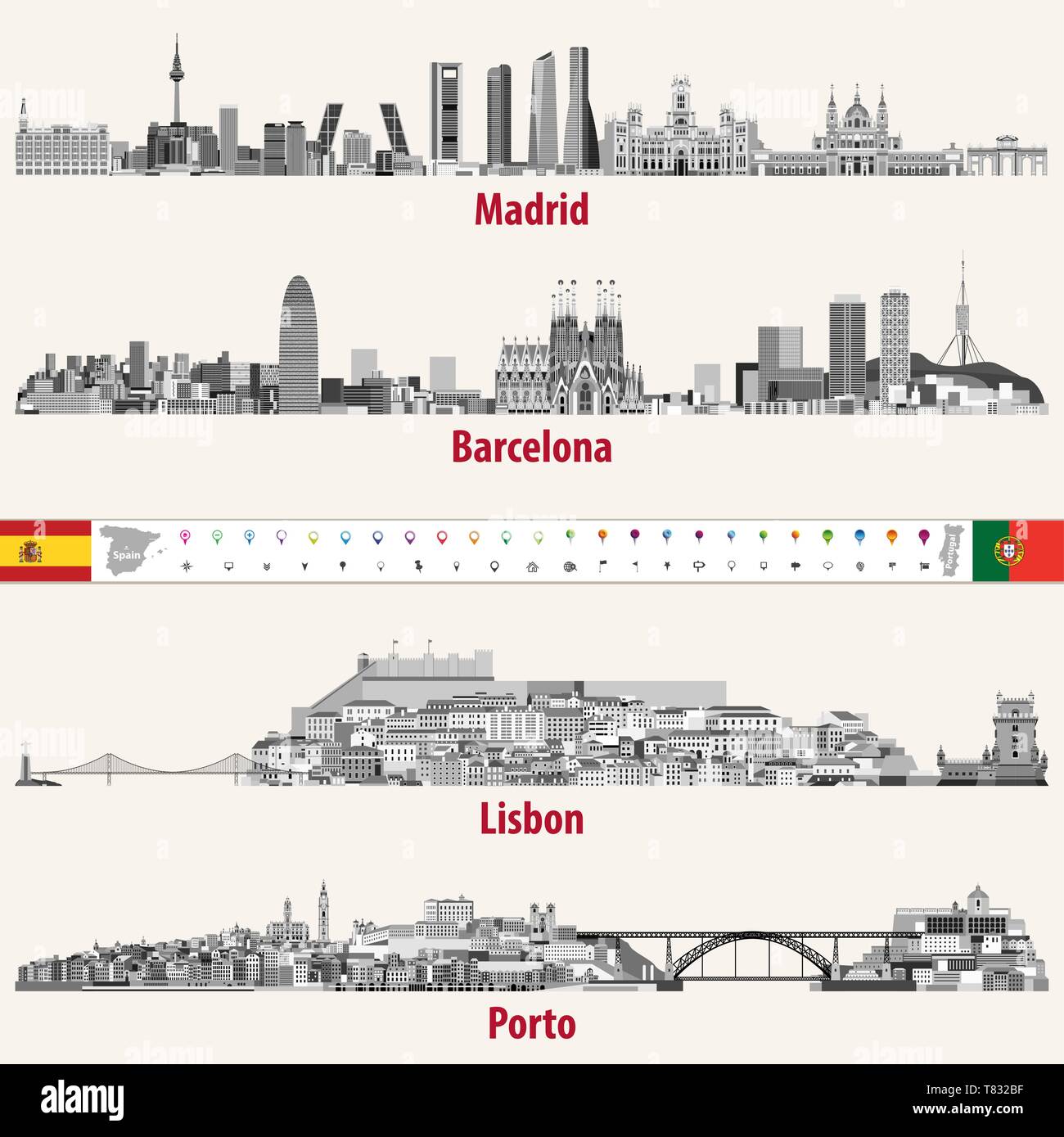 Illustrations vectorielles de Madrid, Barcelone, Lisbonne et Porto ville Illustration de Vecteur