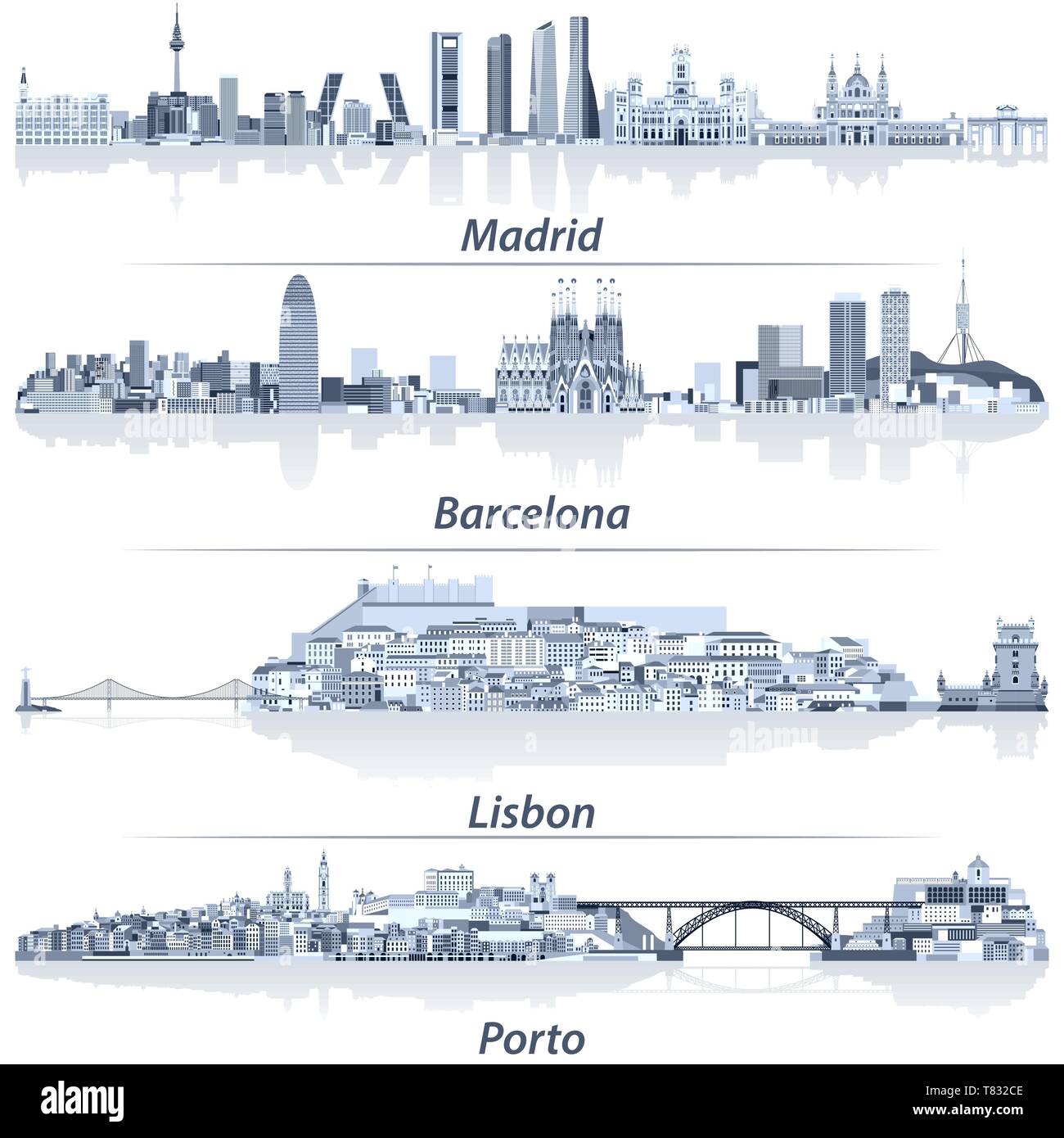 Illustrations vectorielles de Madrid, Barcelone, Lisbonne et Porto ville Illustration de Vecteur