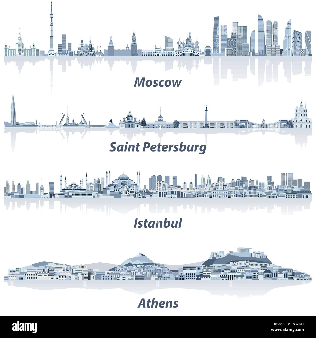 Paysages urbains de Moscou, Saint-Pétersbourg, Istanbul et d'Athènes Illustration de Vecteur