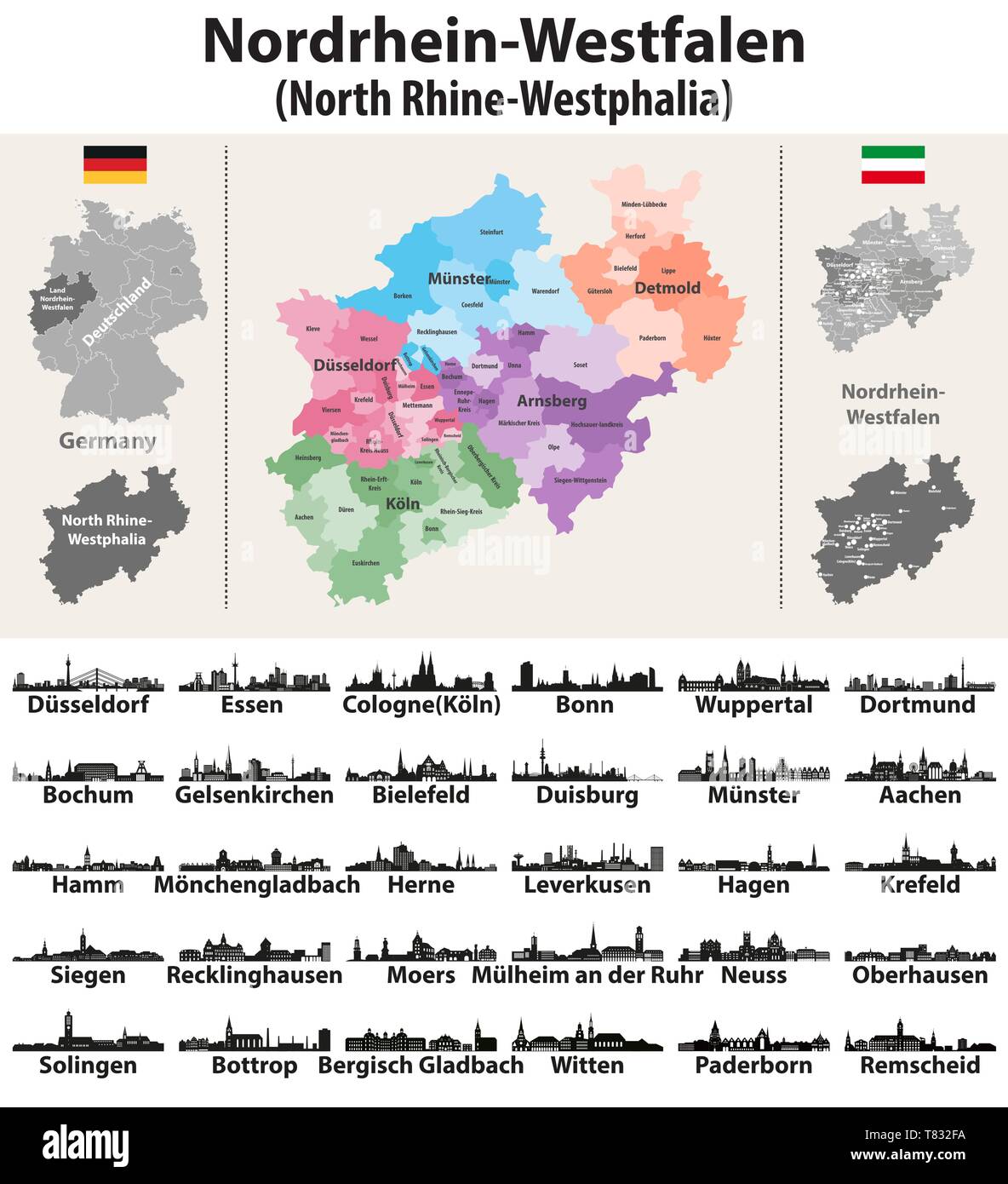 Allemagne Rhénanie du Nord-Westphalie état carte vectorielle avec un horizon plus grandes villes Illustration de Vecteur