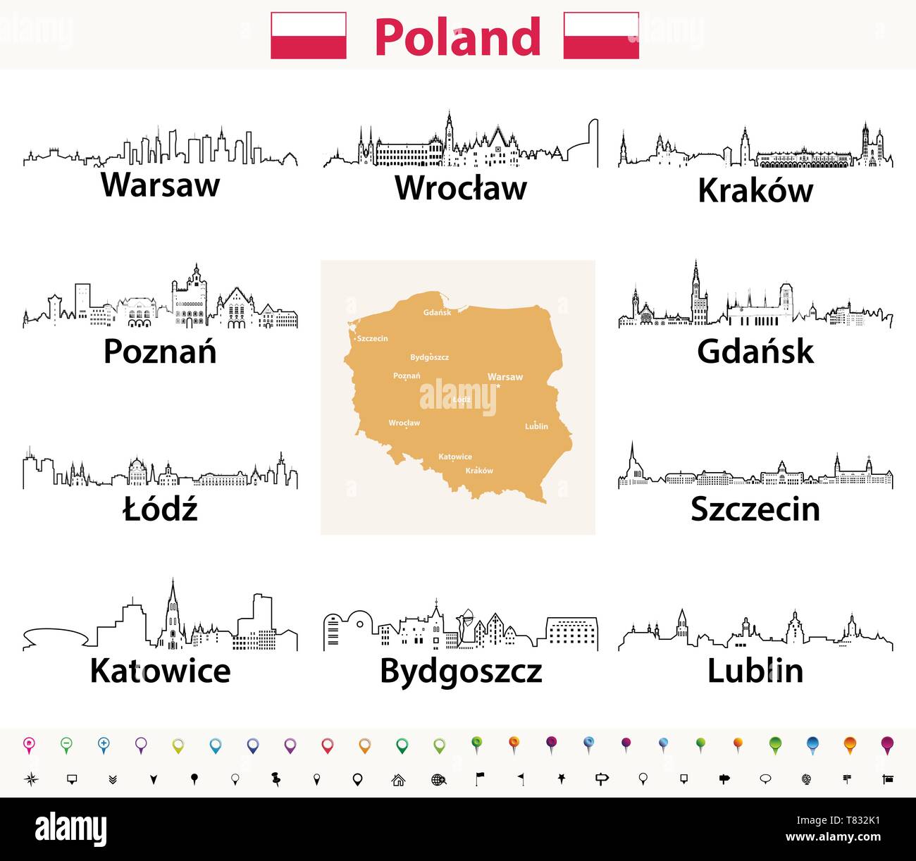 Carte vectorielle de la Pologne avec plus grande ville Illustration de Vecteur