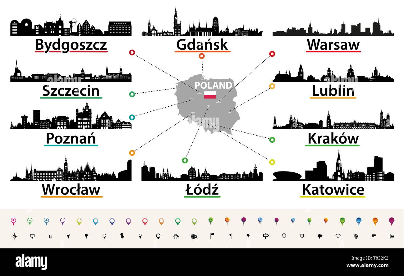Carte vectorielle de la Pologne avec plus grande ville Illustration de Vecteur