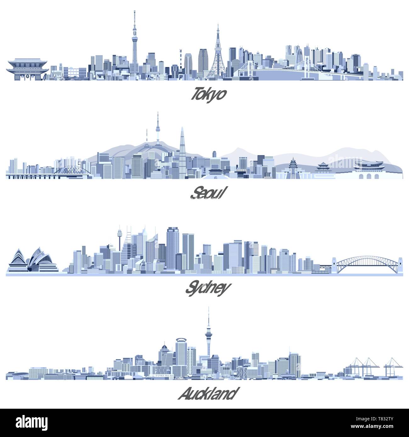 Illustrations vectorielles de Tokyo, Séoul, Sydney et Auckland skylines Illustration de Vecteur