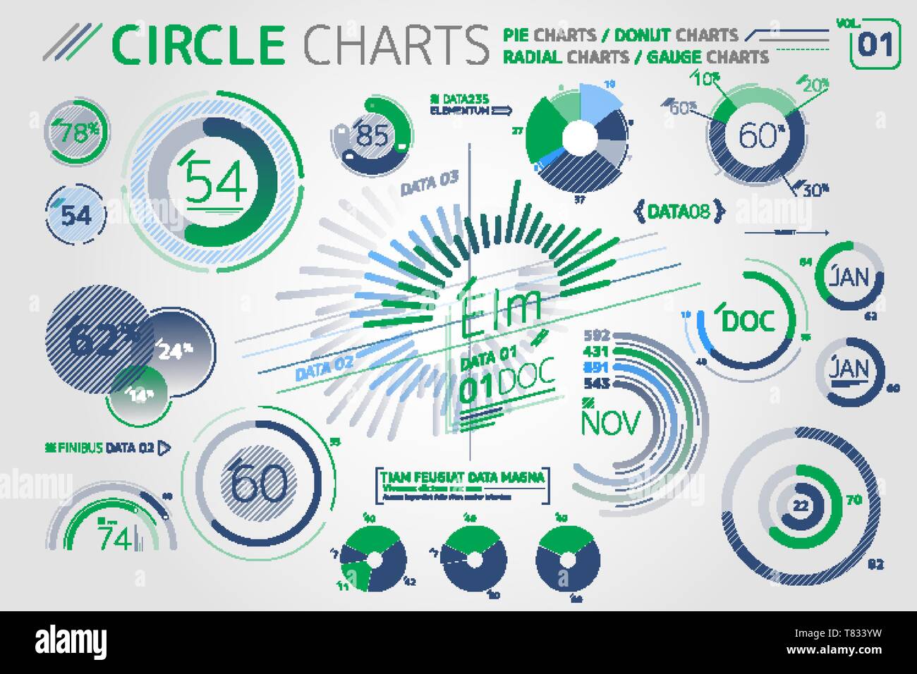 Les graphiques, les diagrammes à secteurs de cercle, graphiques et diagrammes de jauge radiale Éléments infographique Illustration de Vecteur