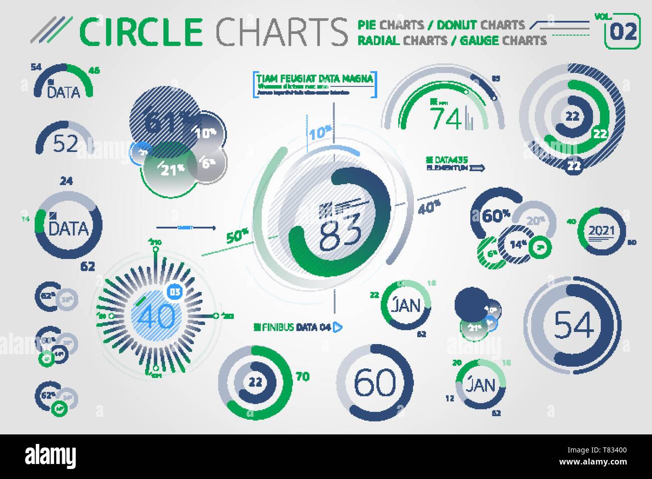 Les graphiques, les diagrammes à secteurs de cercle, Tableaux et Graphiques Radial Donut Éléments infographique Illustration de Vecteur