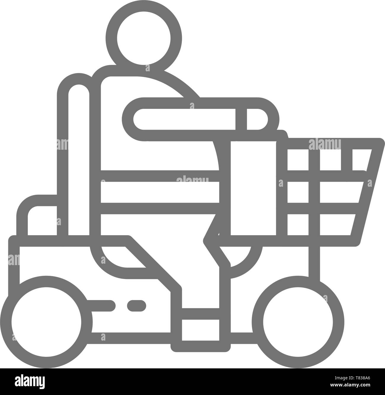 Fat Man sitting in wheelchair, mobilité transport, l'icône de la ligne de l'obésité. Illustration de Vecteur